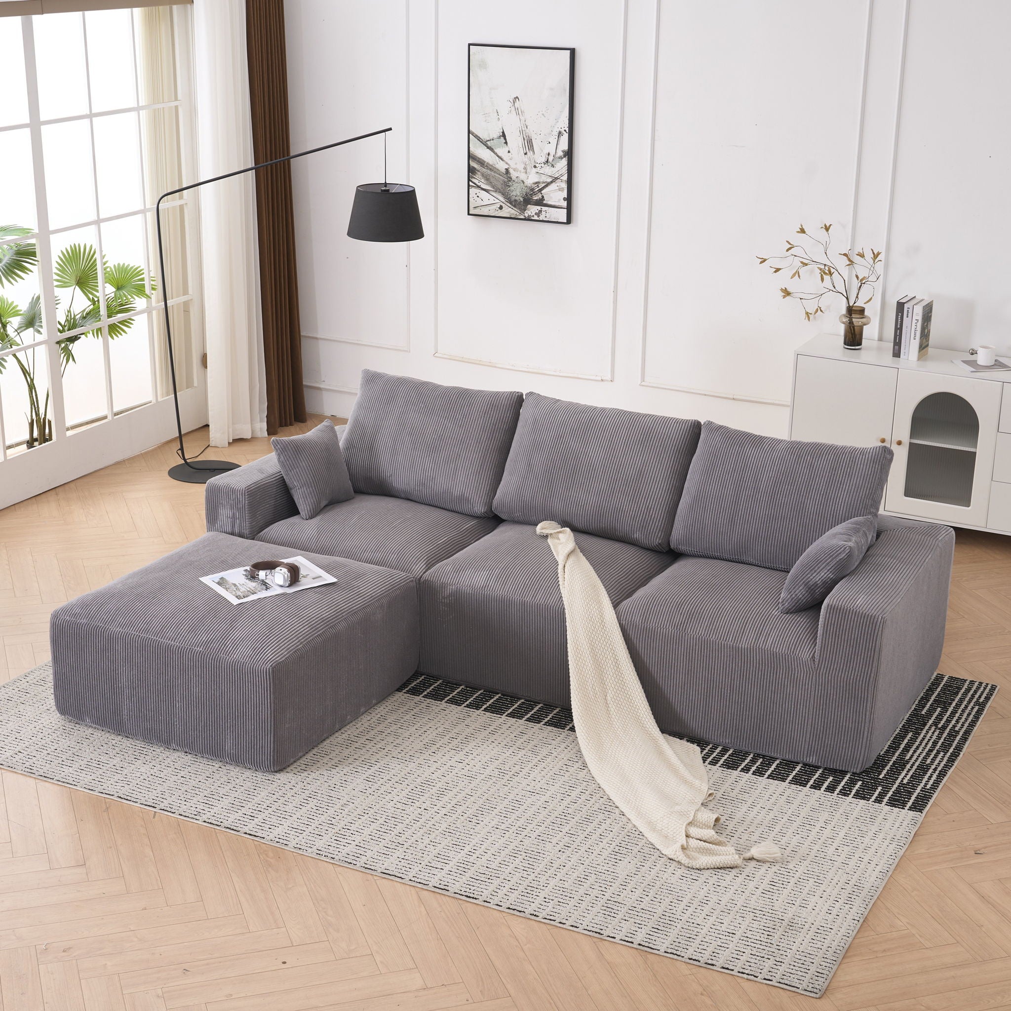 Modular Sectional Sofa With Ottoman, USB And Type C Charger, Petal Armrest Design