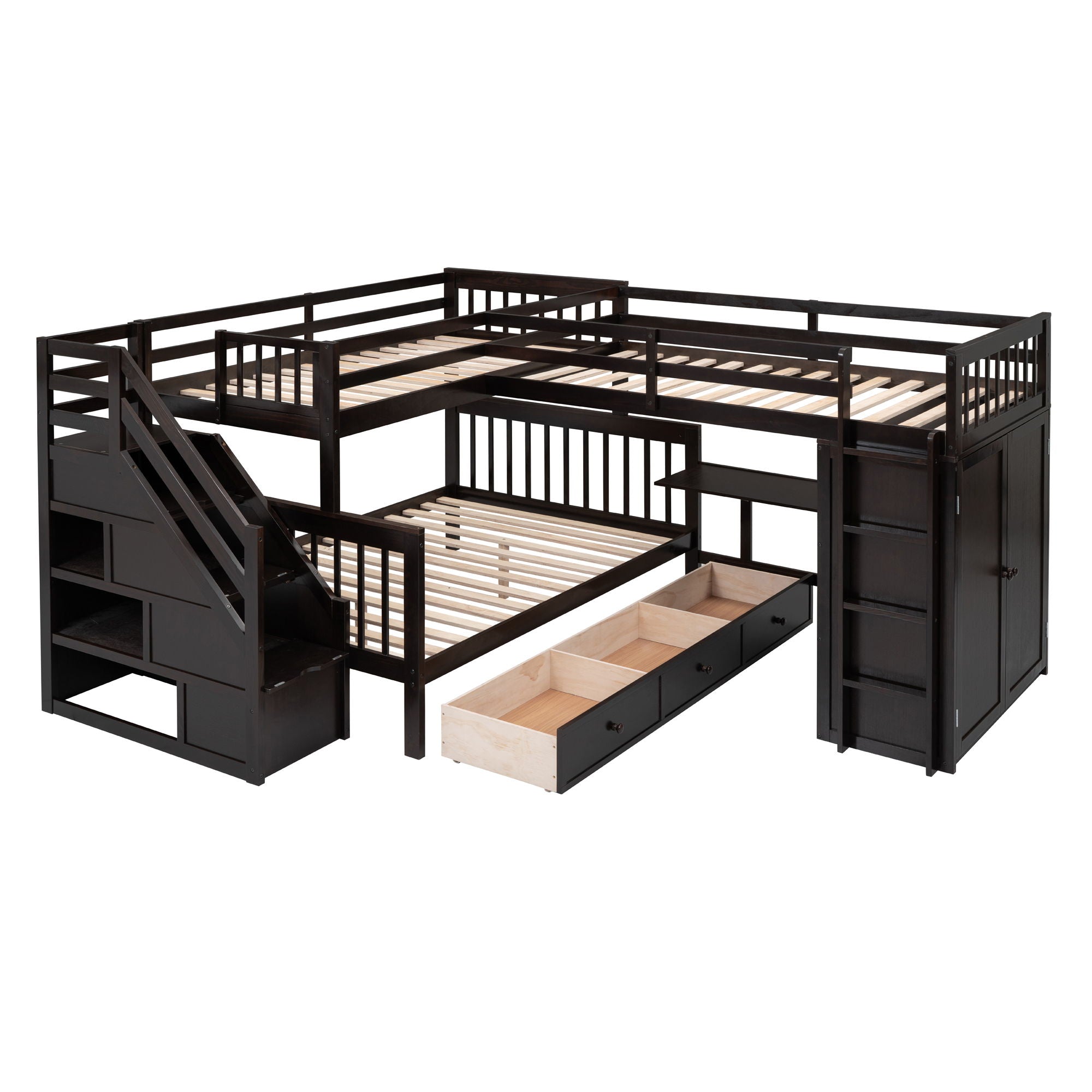 L Shaped Bunk Bed With 3 Drawers, Portable Desk And Wardrobe