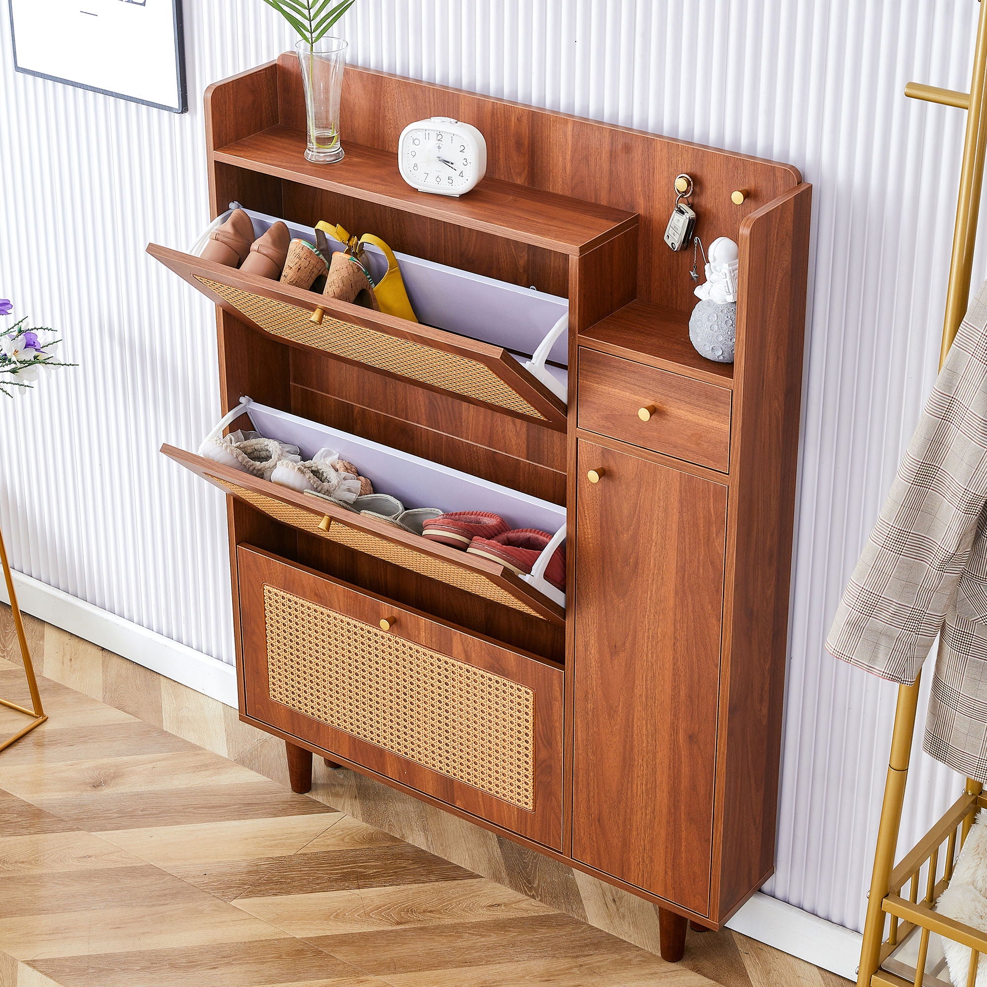 The Modern Minimalist Shoe Cabinet, Suitable For A Variety Of Styles Including Nordic, Japanese, And Industrial - Walnut