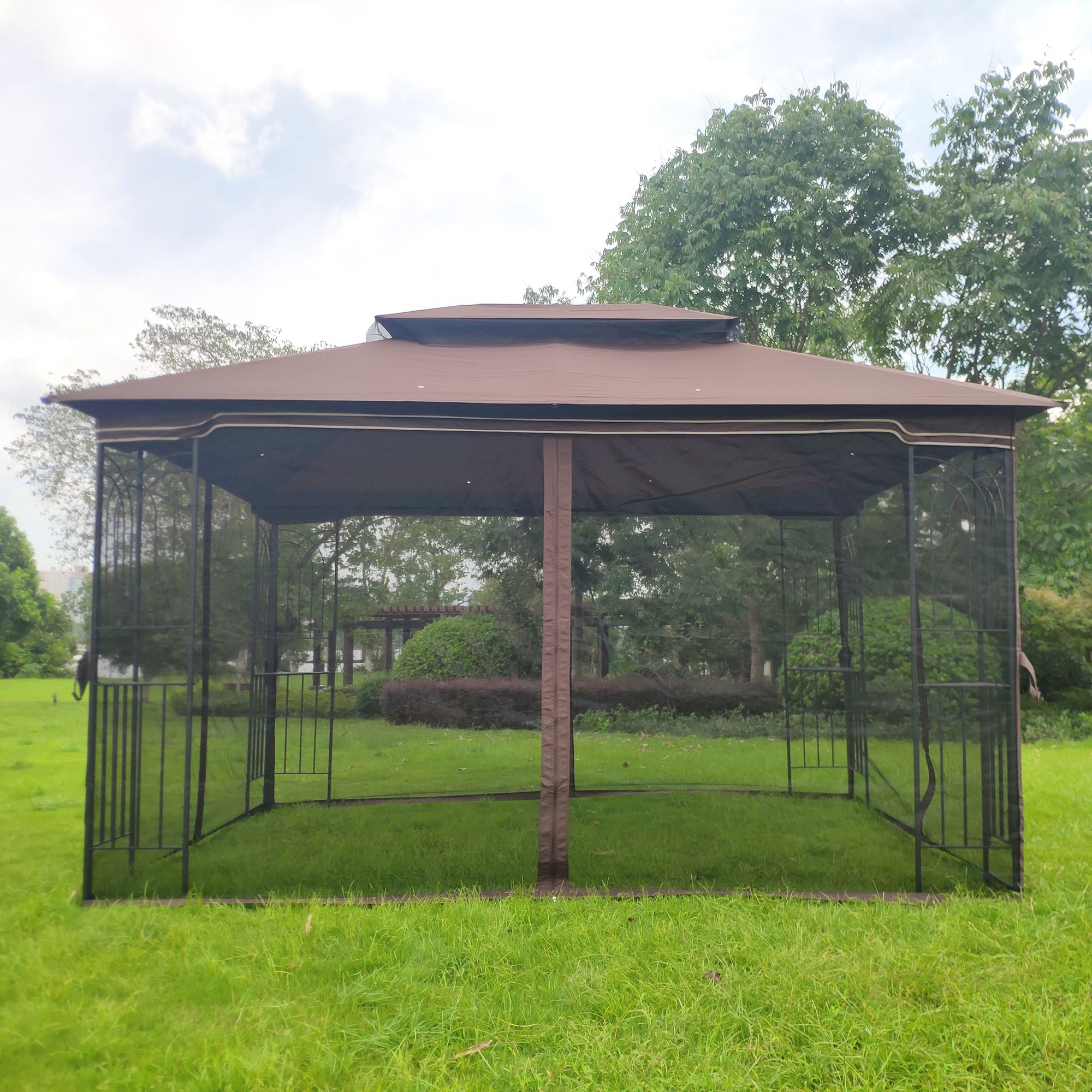 13 0 Outdoor Patio Gazebo Canopy Tent With Ventilated Double Roof And Mosquito Net (Detachable Mesh Screen On All Sides) Suitable For Lawn Garden Backyard And Deck Top - Brown