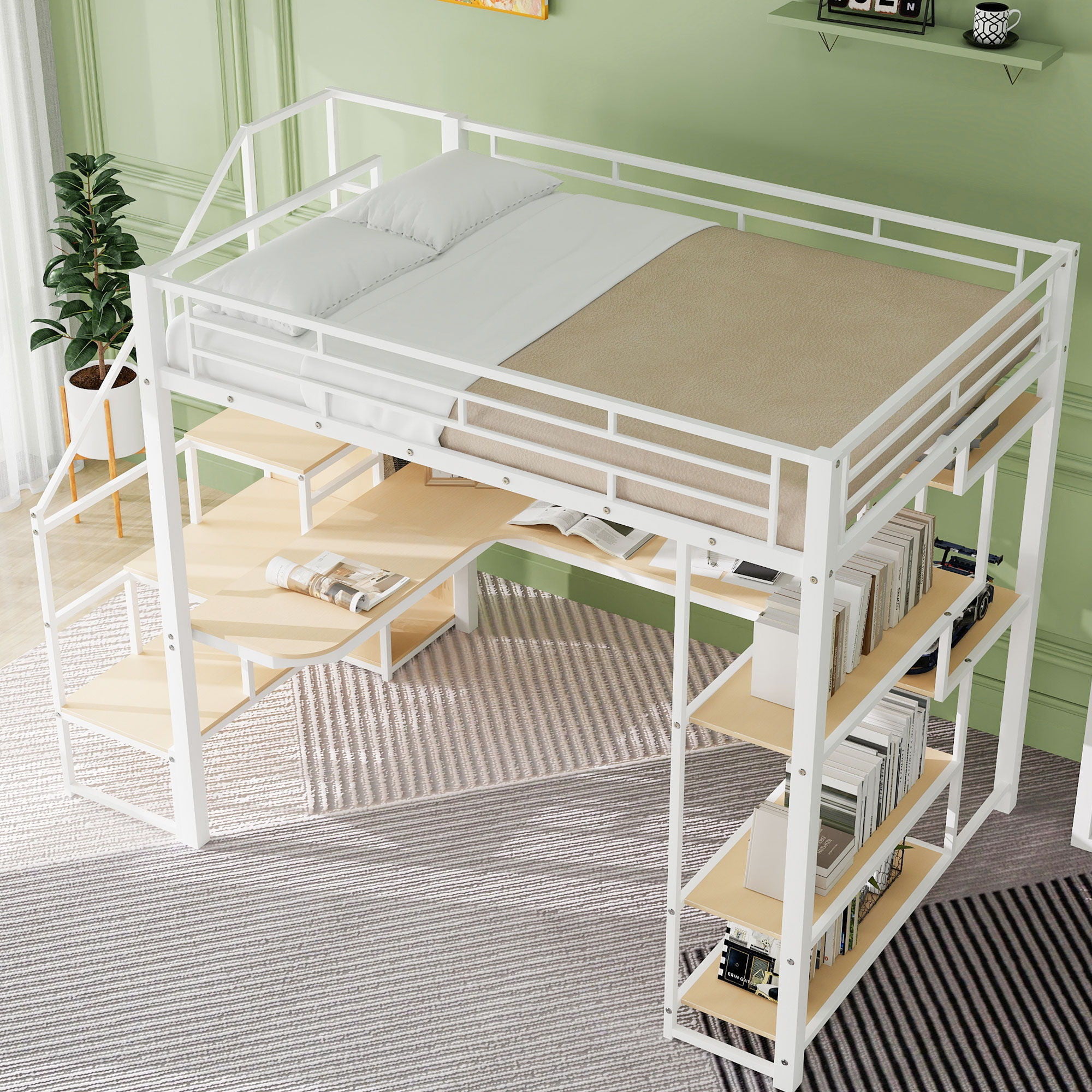 Loft Bed With Storage Staircase And Small Wardrobe, Built - In Desk And Storage Shelves