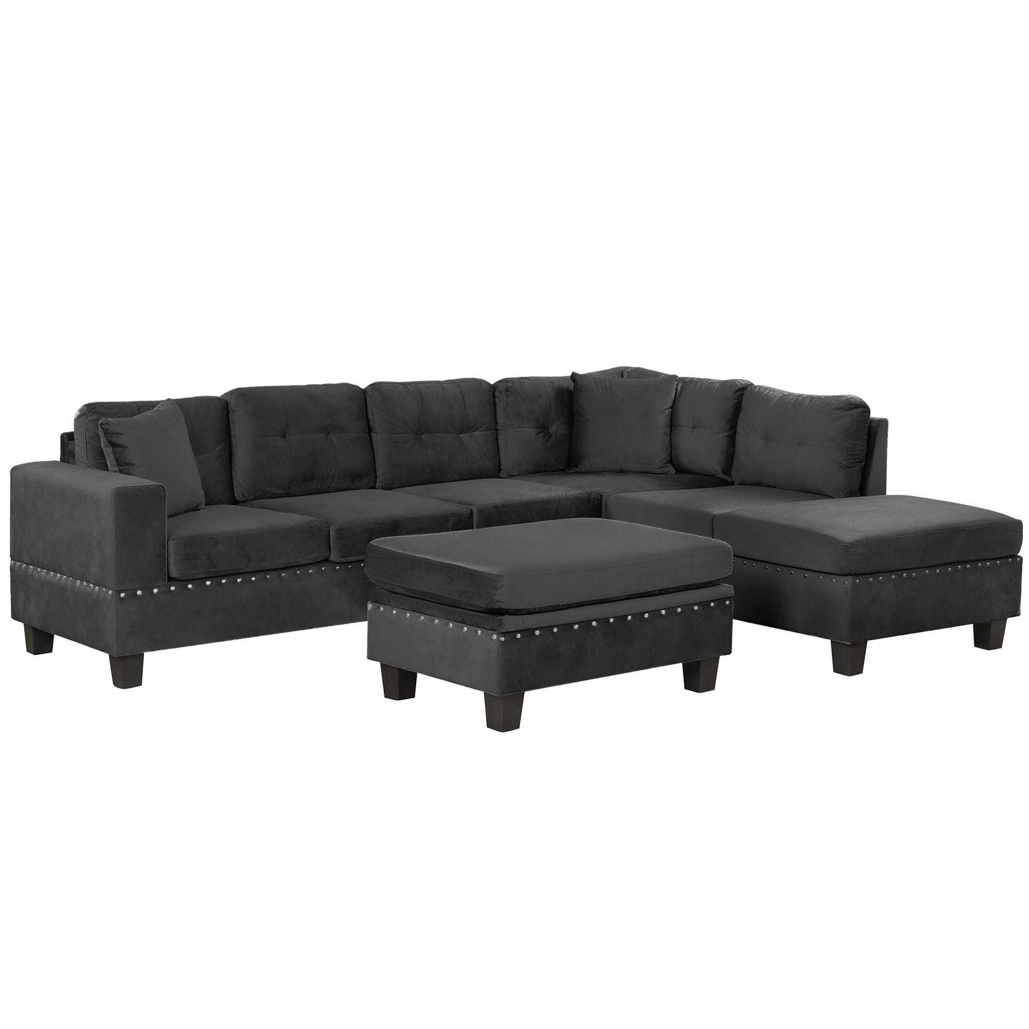 Modern Sectional Sofa With Storage Ottoman, L - Shape Couch With 2 Pillows And Cup Holders