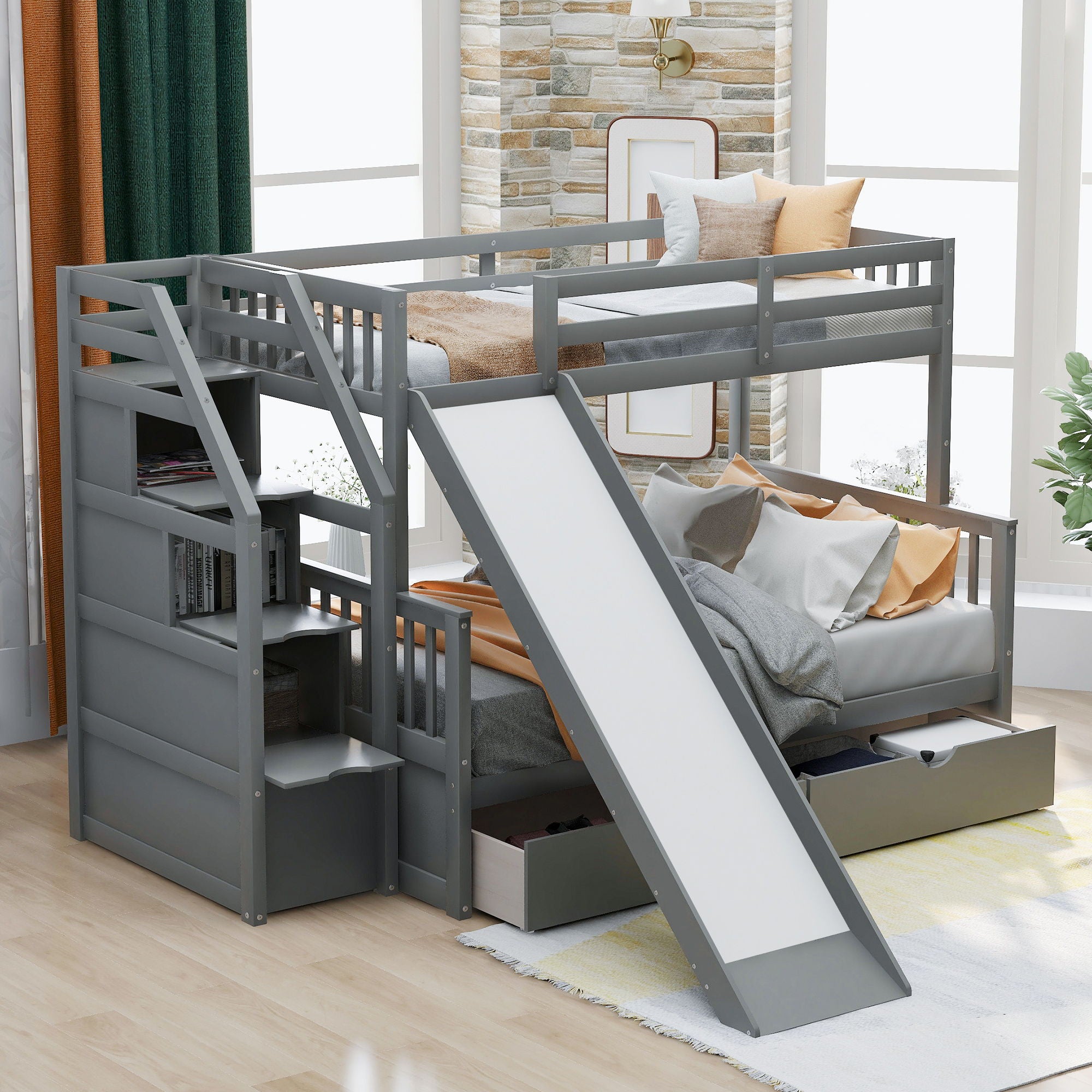 Bunk Bed With Storage Staircase, Slide, Desk, Drawers, And Shelves