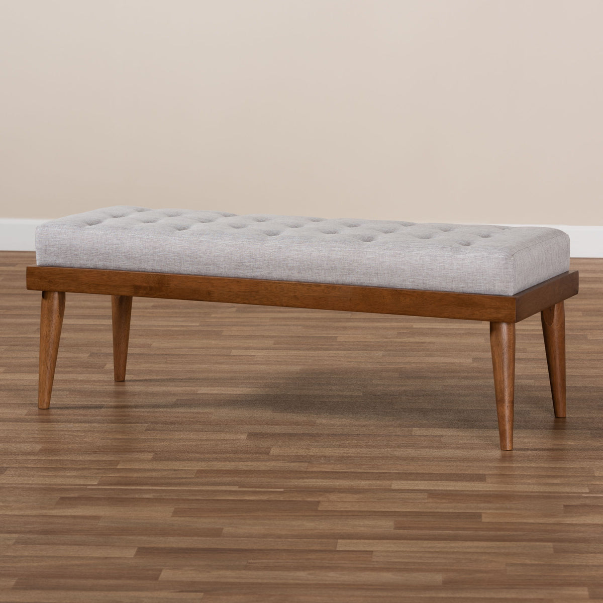 Linus Mid-Century Modern Greyish Beige Fabric Upholstered and Button Tufted Wood Bench