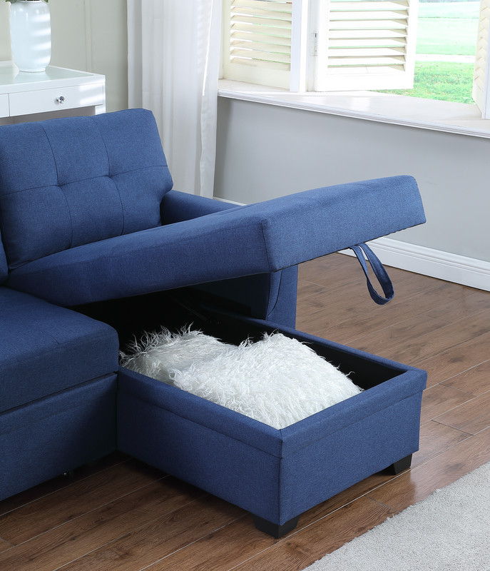 Lucca 84"W Blue Linen Reversible Sleeper Sectional Sofa with Storage Chaise
