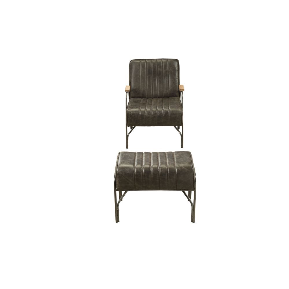 ACME The Sarahi accent chair with ottoman sets you up for a relaxing evening. Constructed with full foam cushions upholstered in top grain leather, the Sarahi is supported by airy metal curved armrests and legs. | Meri Furniture