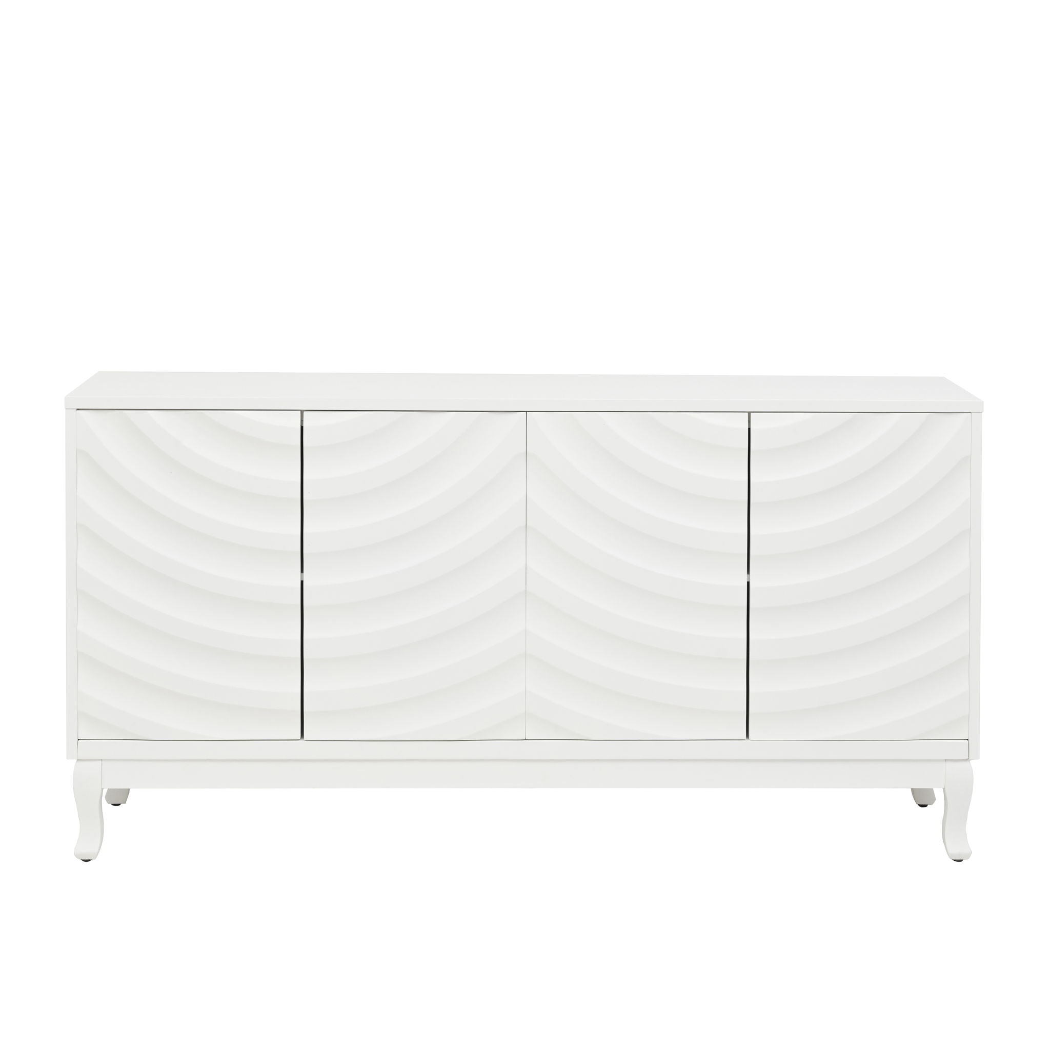 Elegant Sideboard With Sophisticated Wavy Pattern Doors And Arched Groove Design, Adjustable 4 Door Layout