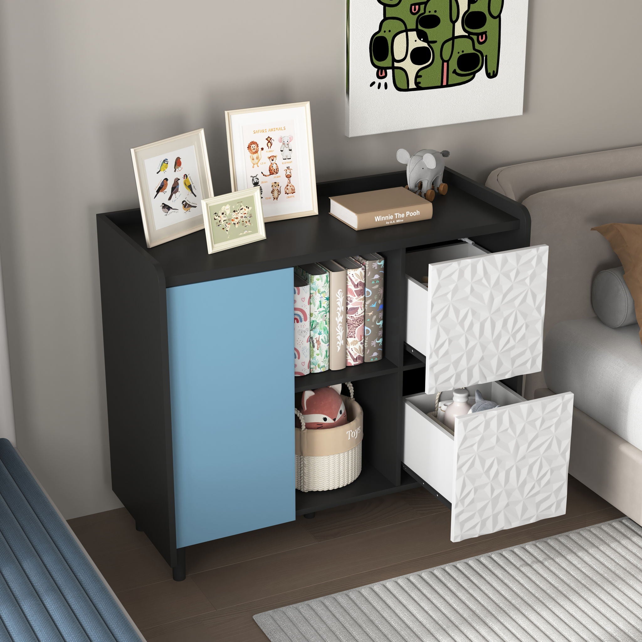 Modern Sideboard Buffet Cabinet With Red Doors And Unique Panel Styling