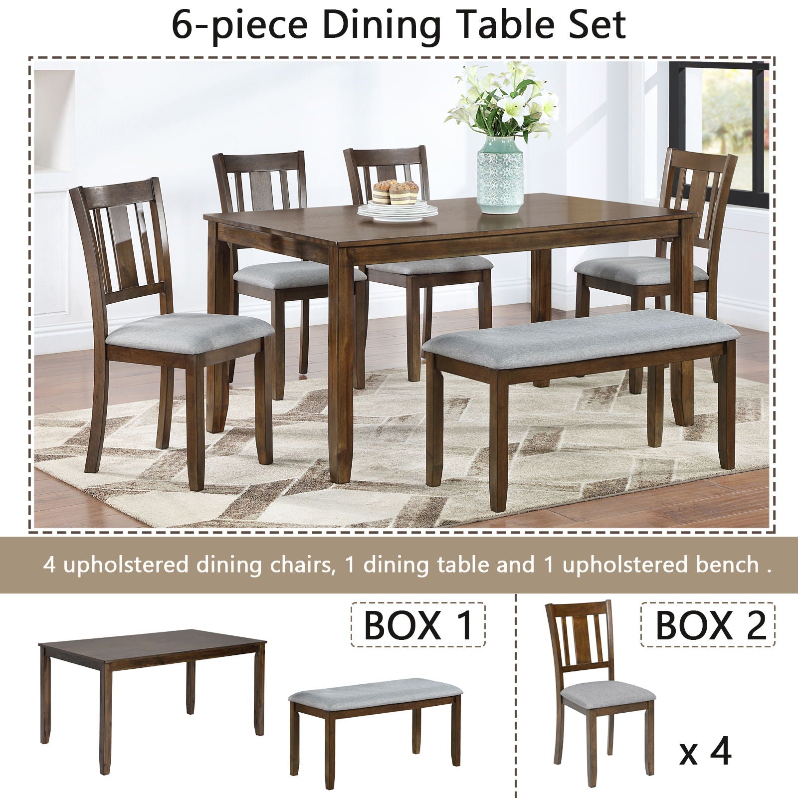 6 Pieces Kitchen Dining Set, Rectangular Wooden Dining Table With 4 Upholstered Chairs And A Bench