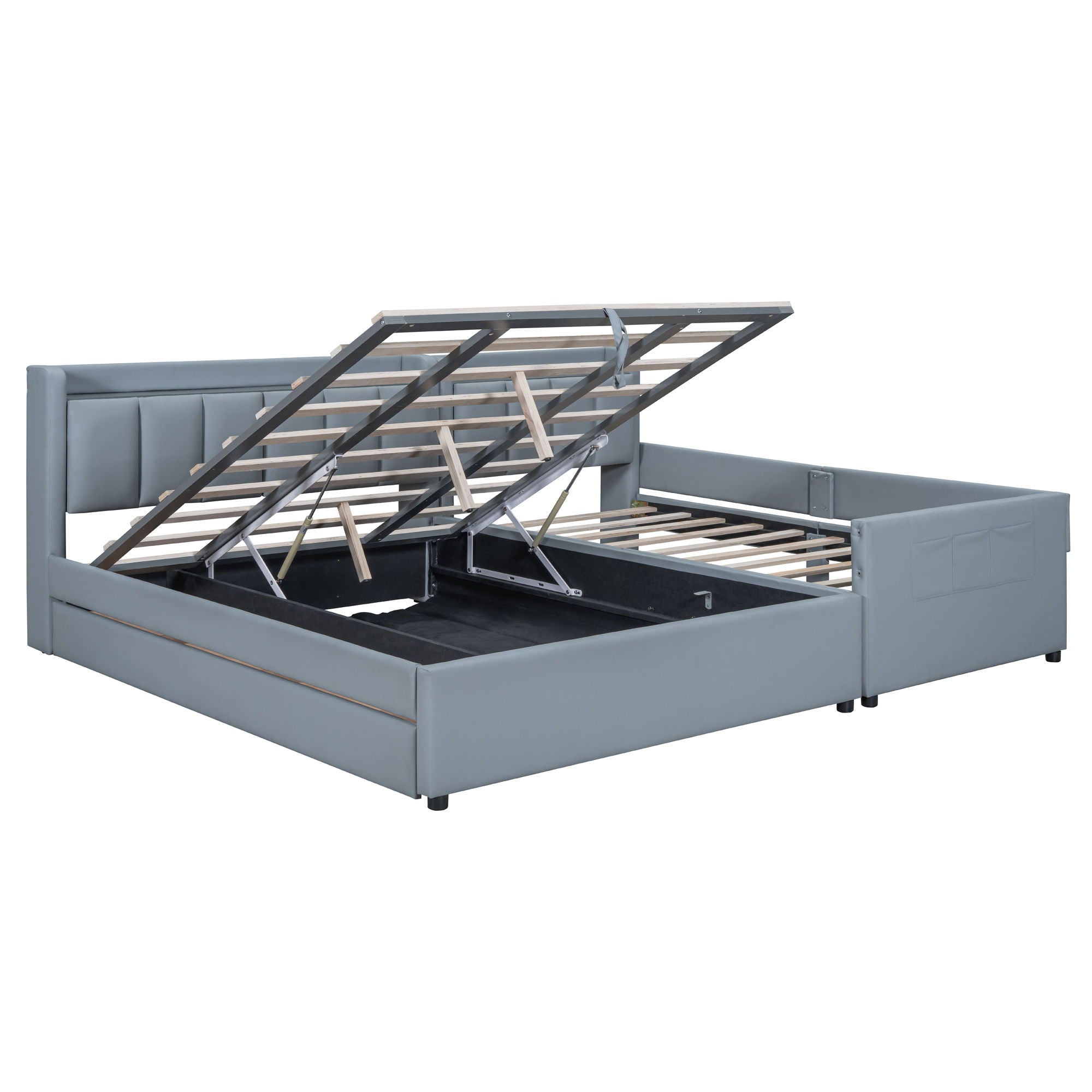 Upholstered Mother & Child Bed With Hydraulic Storage System, Drawer Box, Bedhead Storage Shelf And 2 Pairs Of Sockets & USB Ports