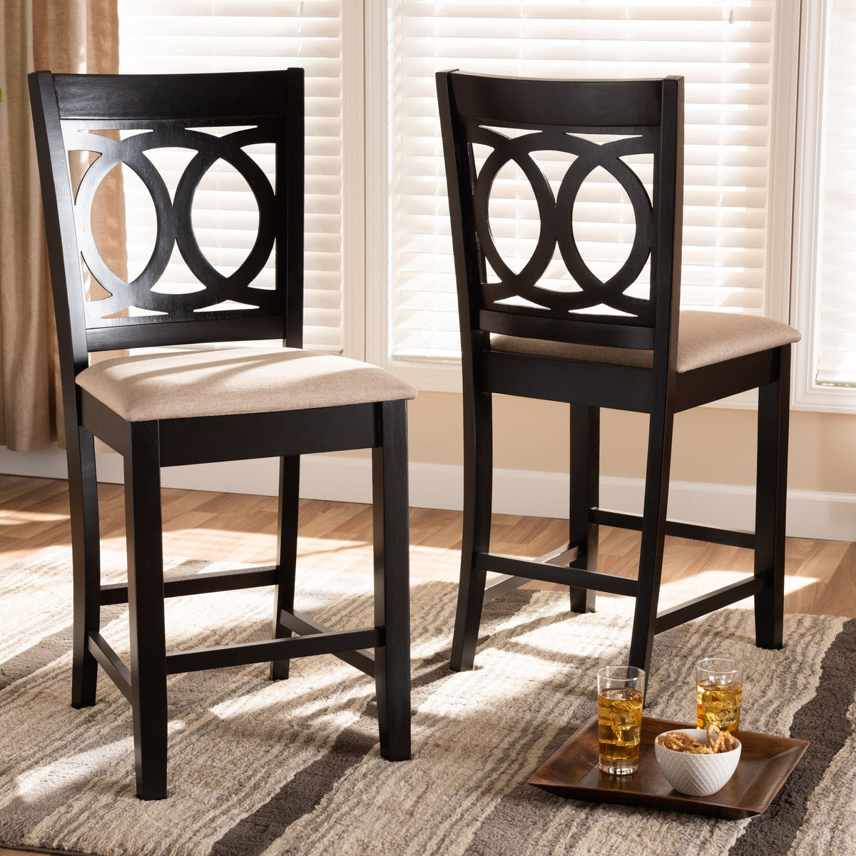 Lenoir Modern and Contemporary Sand Fabric Upholstered Espresso Brown Finished Wood 2-Piece Counter Height Pub Chair Set