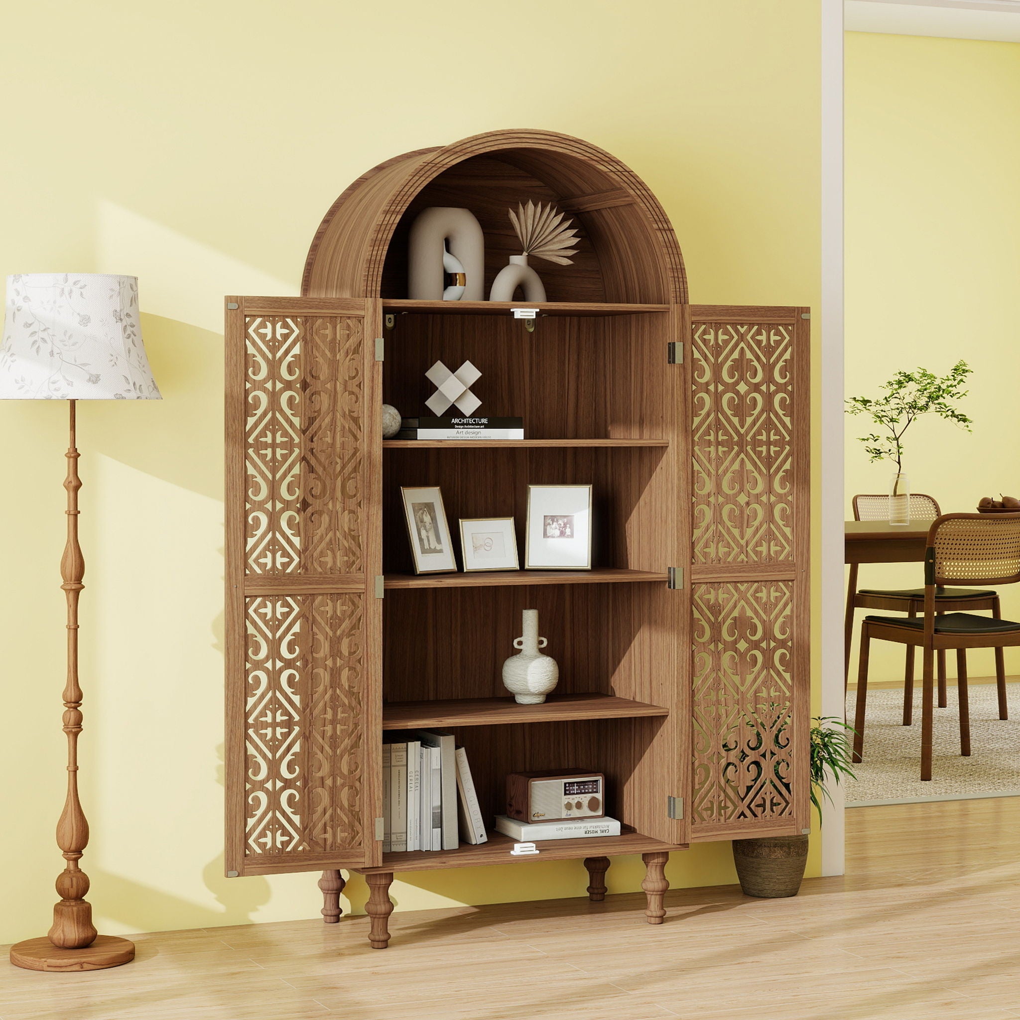 Tall Kitchen Pantry Cabinet With Hollow Carved Doors Adjustable Shelves Versatile Storage Cabinet For Kitchen - Walnut