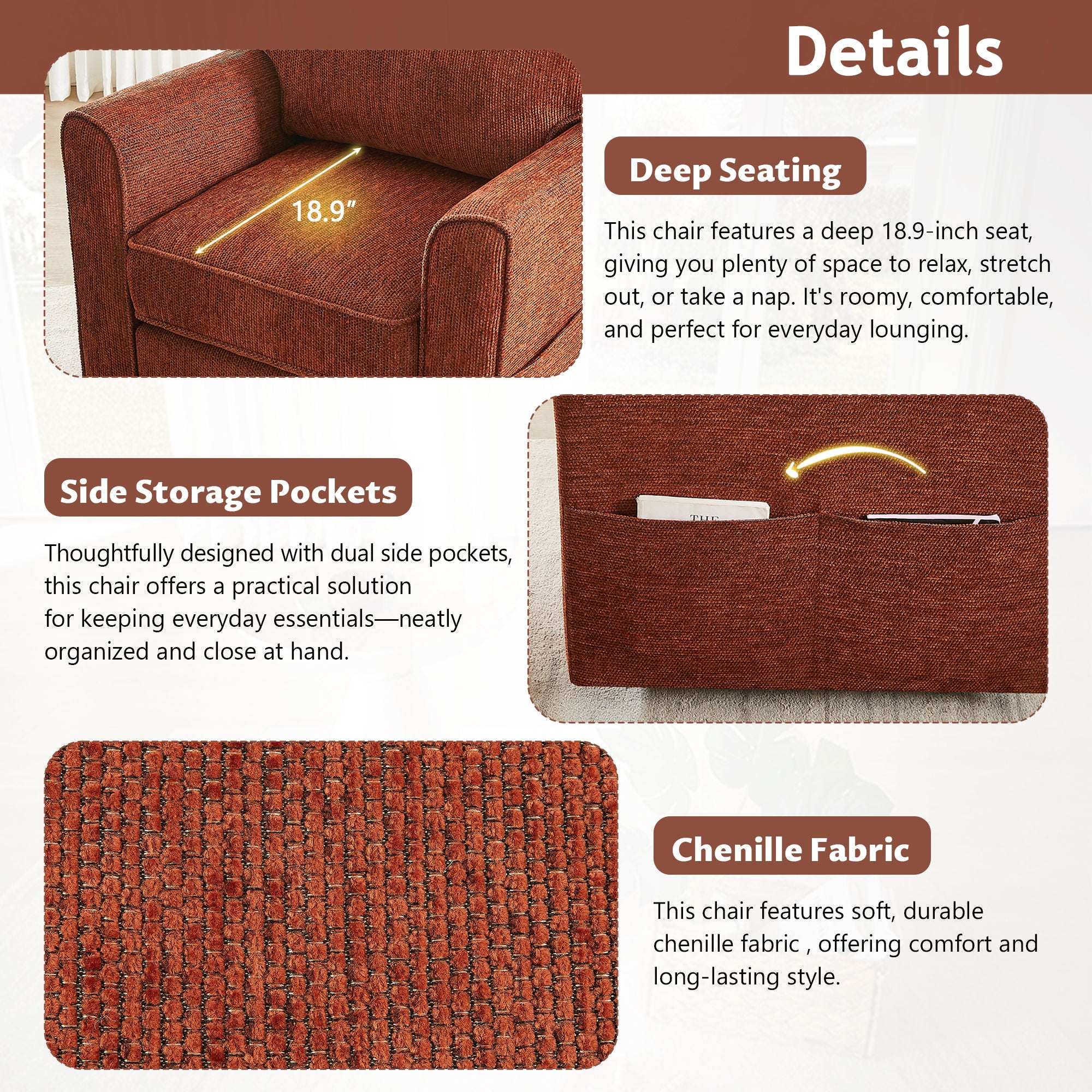 360° Swivel Accent Barrel Armchair With Side Pockets, Compact Design