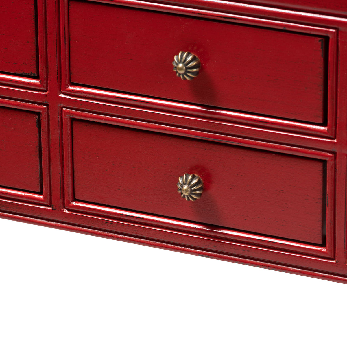 Pomme Classic and Antique Red Finished Wood Bronze Finished Accents 6-Drawer Console Table
