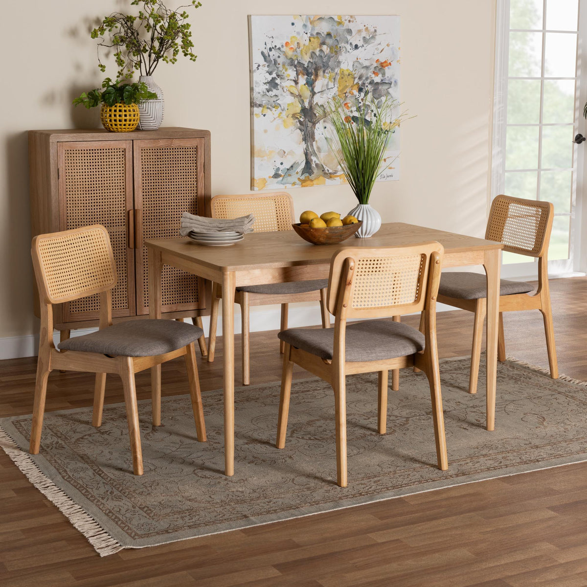 DanNon Mid-Century Modern Grey Fabric and Natural Oak Finished Wood 5-Piece Dining Set