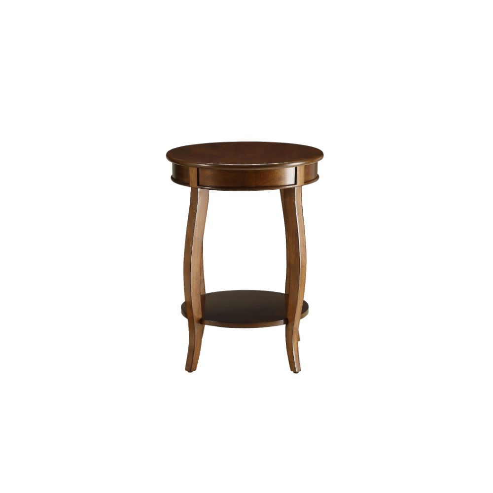 ACME This Alberta side table will be your favorite accent piece with its round top form and stylized legs. Offered in four different colors: Antique White, walnut, red, and teal. One is sure to fit perfect with your style. | Meri Furniture