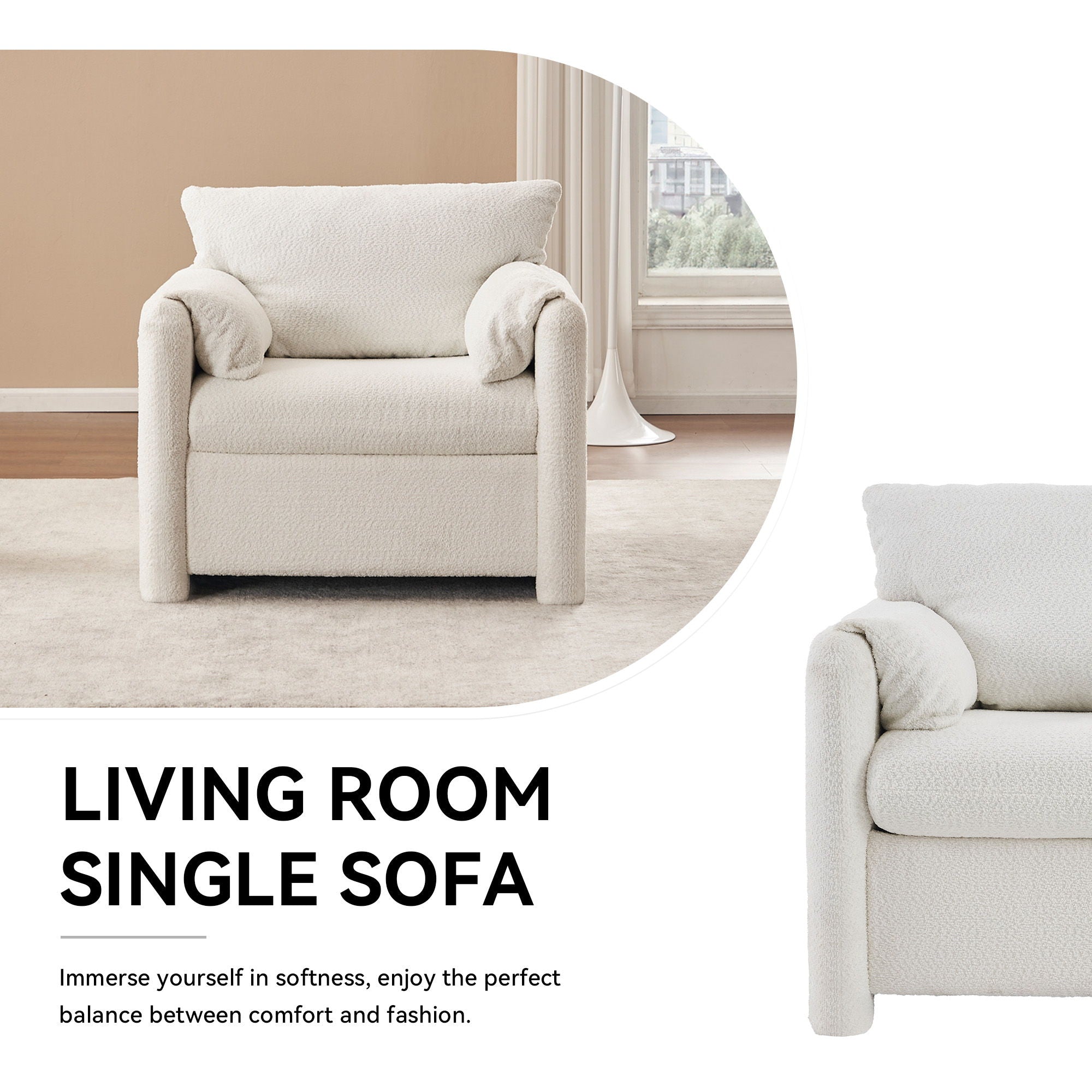 Fixed Modern Accent Chair Single Seater Plush Chenille Lounge Chair With High Resilience Cushion - Ivory White