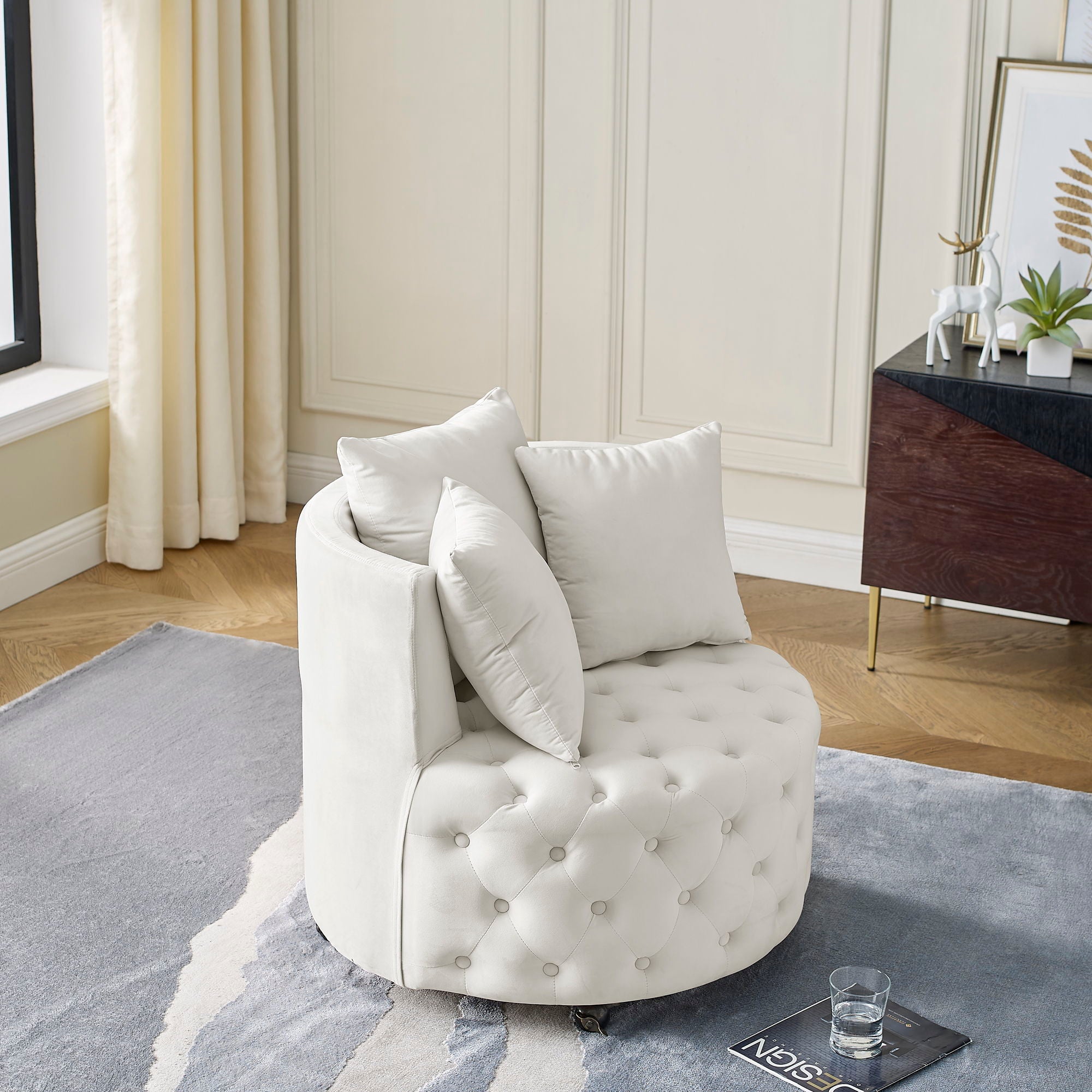 Modern Upholstered Swivel Chair With Button Tufted Design And Movable Wheels