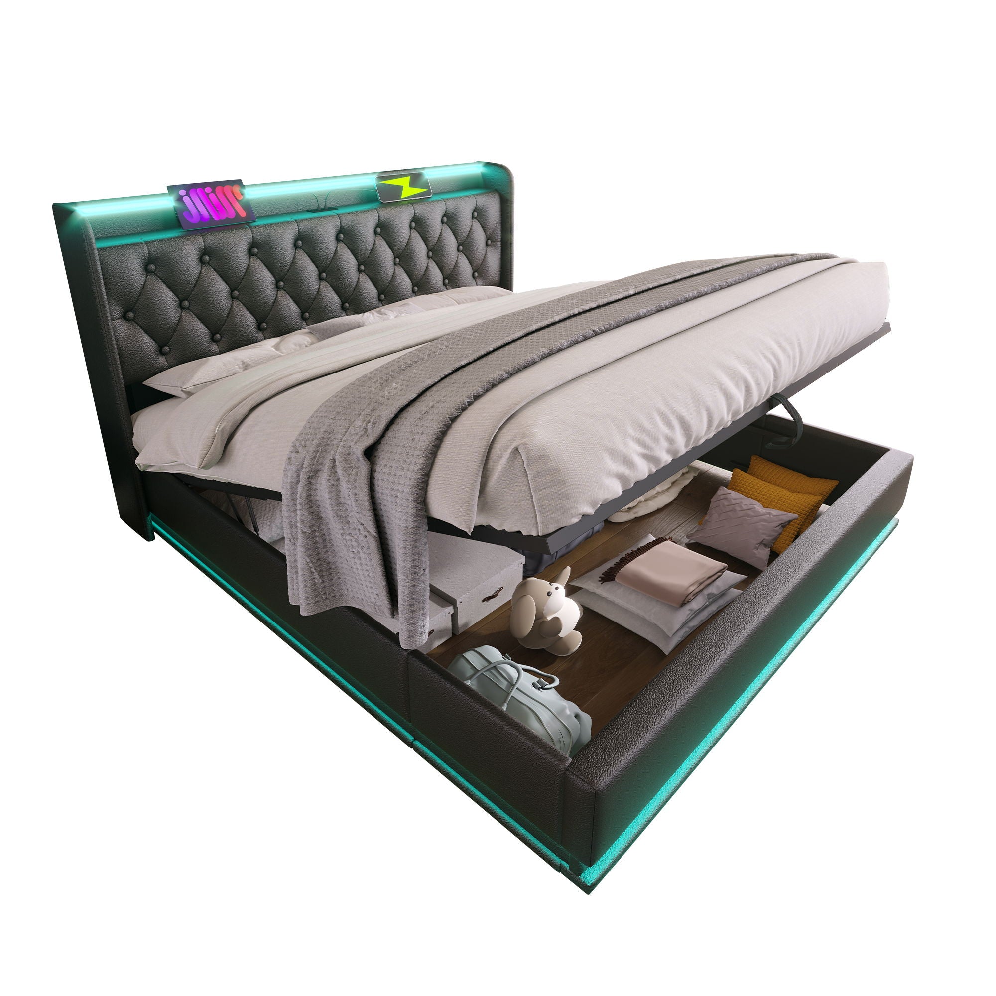 Upholstered Bed, 360 Surround LED Function, Remote Control, Hydraulic Storage Bed With USB, Type-C Charging (Without Mattress)