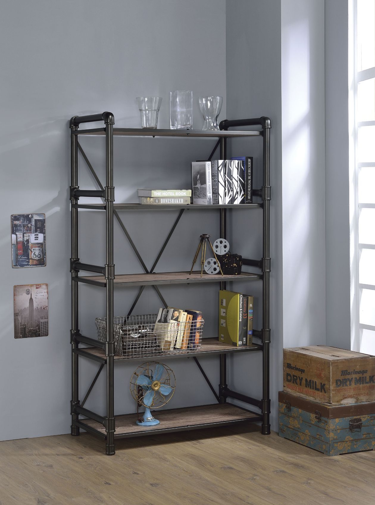 ACME Caitlin - Bookshelf - Rustic Oak & Black | Meri Furniture