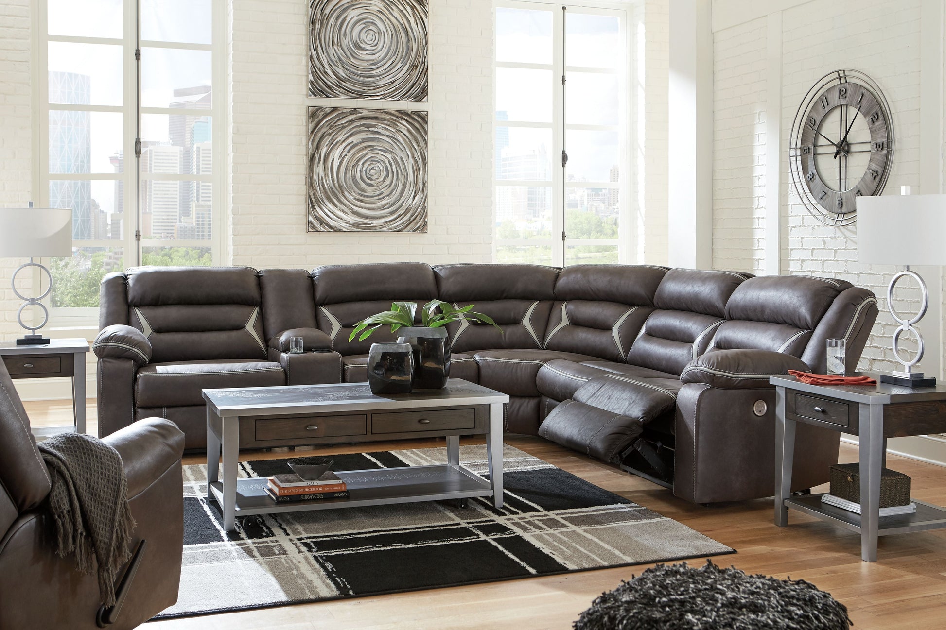 Signature Design by Ashley® Kincord - Midnight - 5 Pc. - Left Arm Facing Power Sofa With Console 4 Pc Sectional, Rocker Recliner | Meri Furniture
