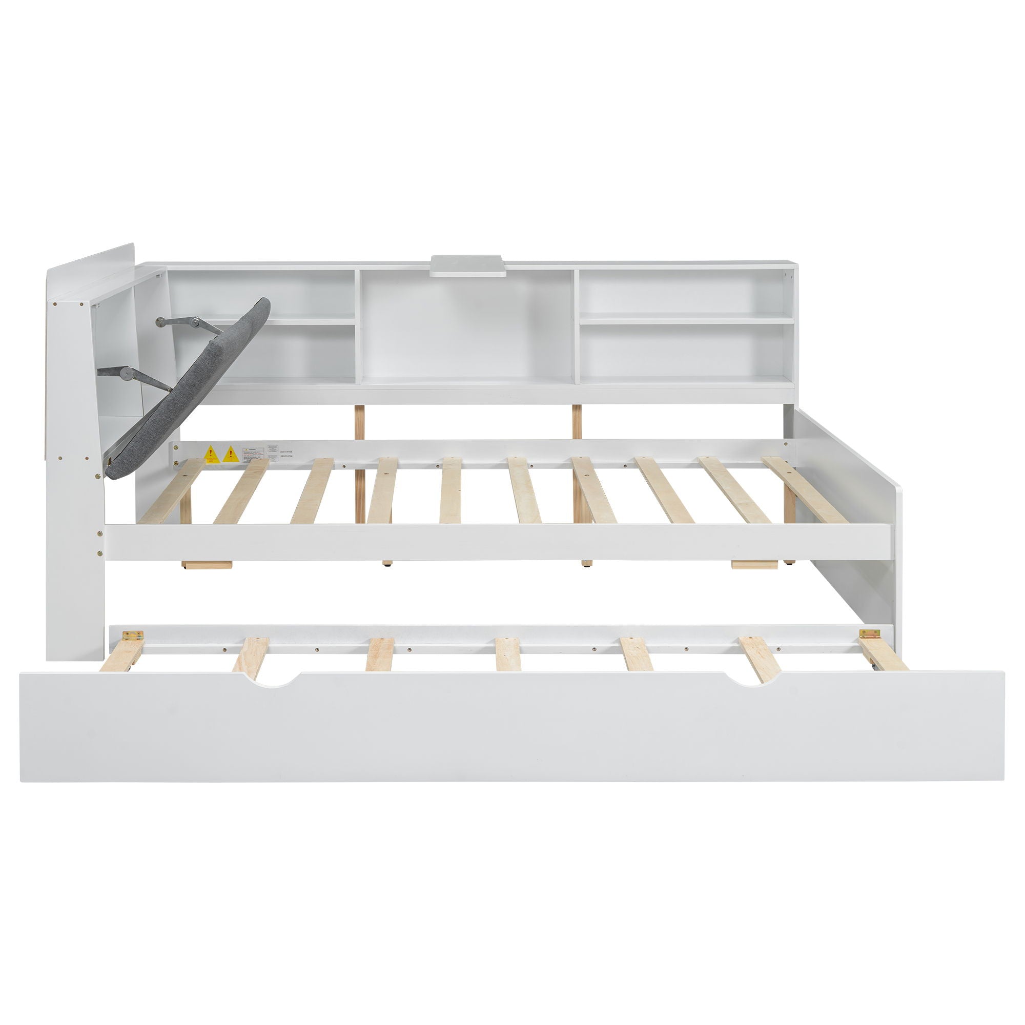 Platform Bed With Trundle, Shelves, And Storage Headboard