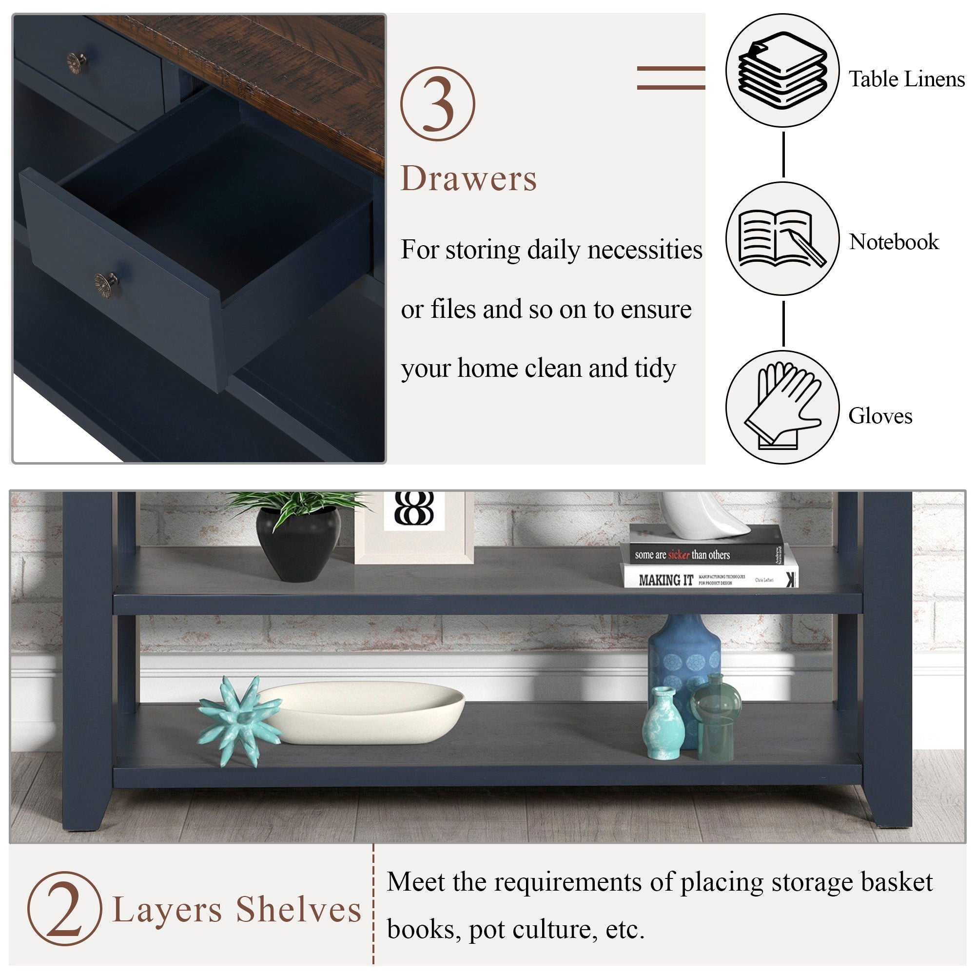 49'' Rectangular Solid 3 Drawer 2 Shelf Console Table - Blue