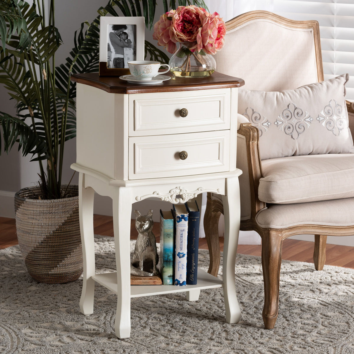 Darla Classic and Traditional French White and Cherry Brown Finished Wood 2-Drawer End Table