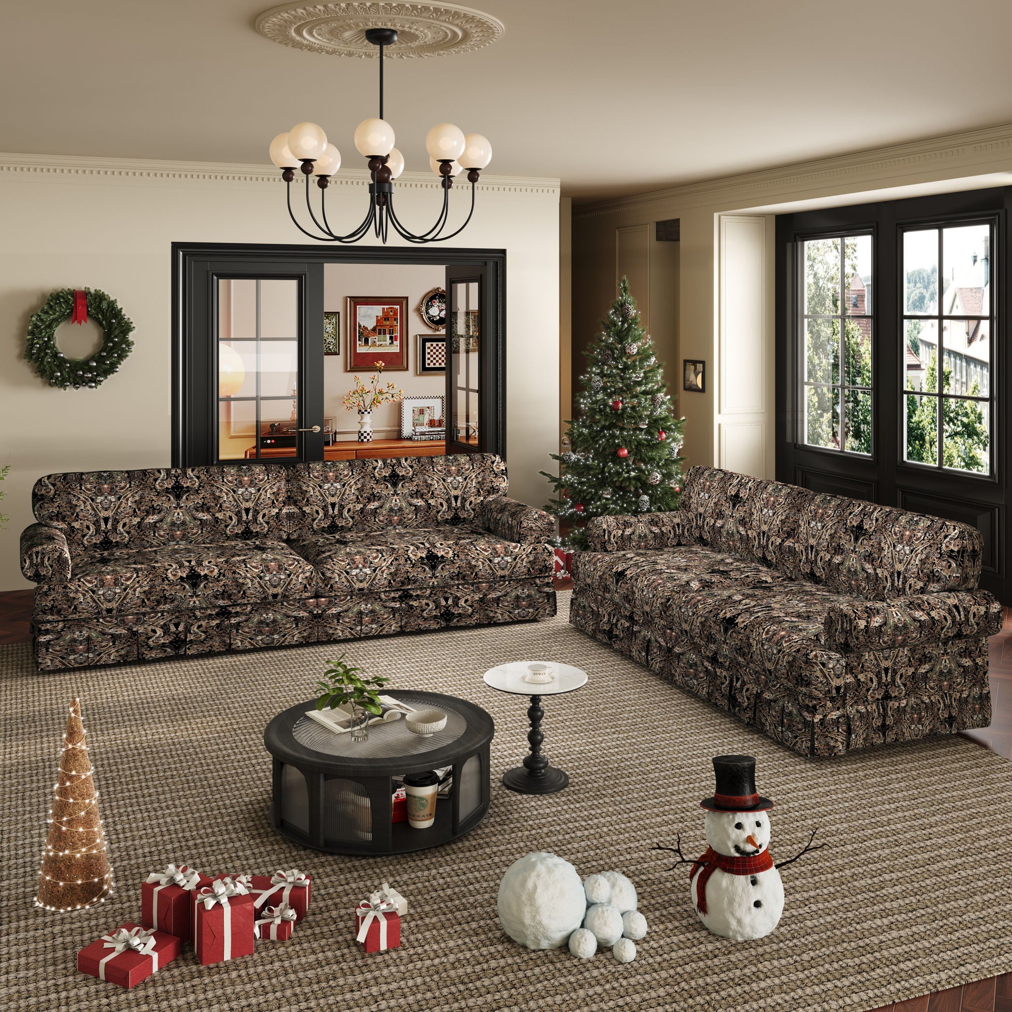 Luxuriously Comfortable Cloud Couch With Elegant Rolled Arms & Pleated Skirt Design
