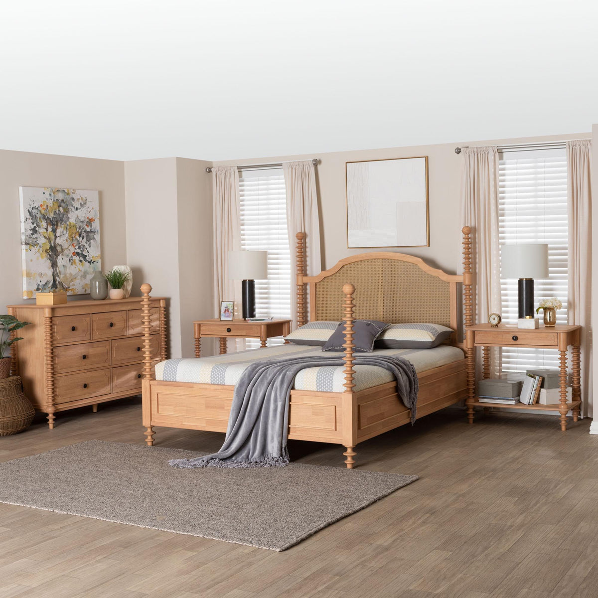 Neviah 4-Piece Bedroom Set with 1-Drawer Nightstands, Queen, Beech Brown