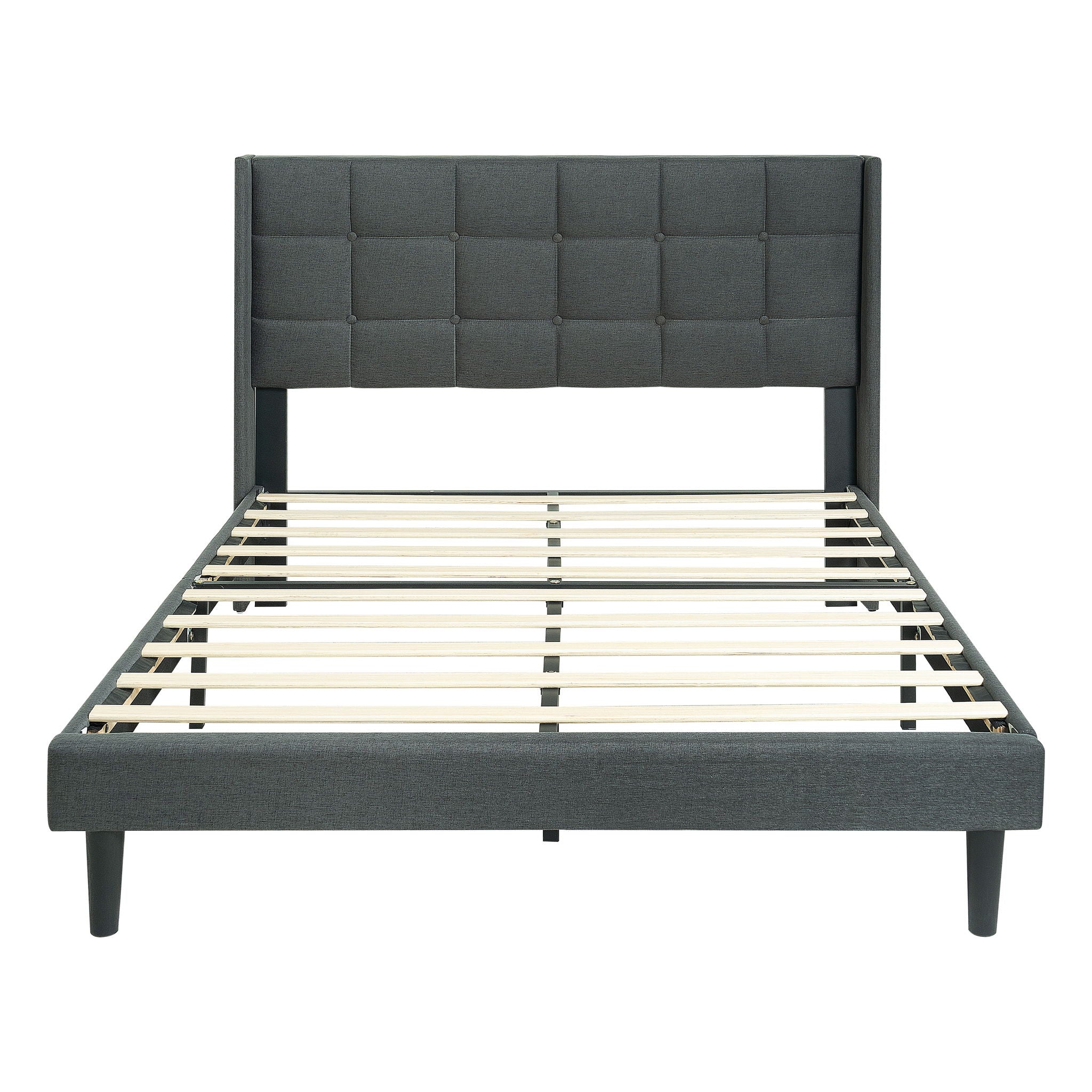 Queen Size Upholstered Platform Bed Frame With Button Tufted Linen Fabric Headboard - Dark Gray