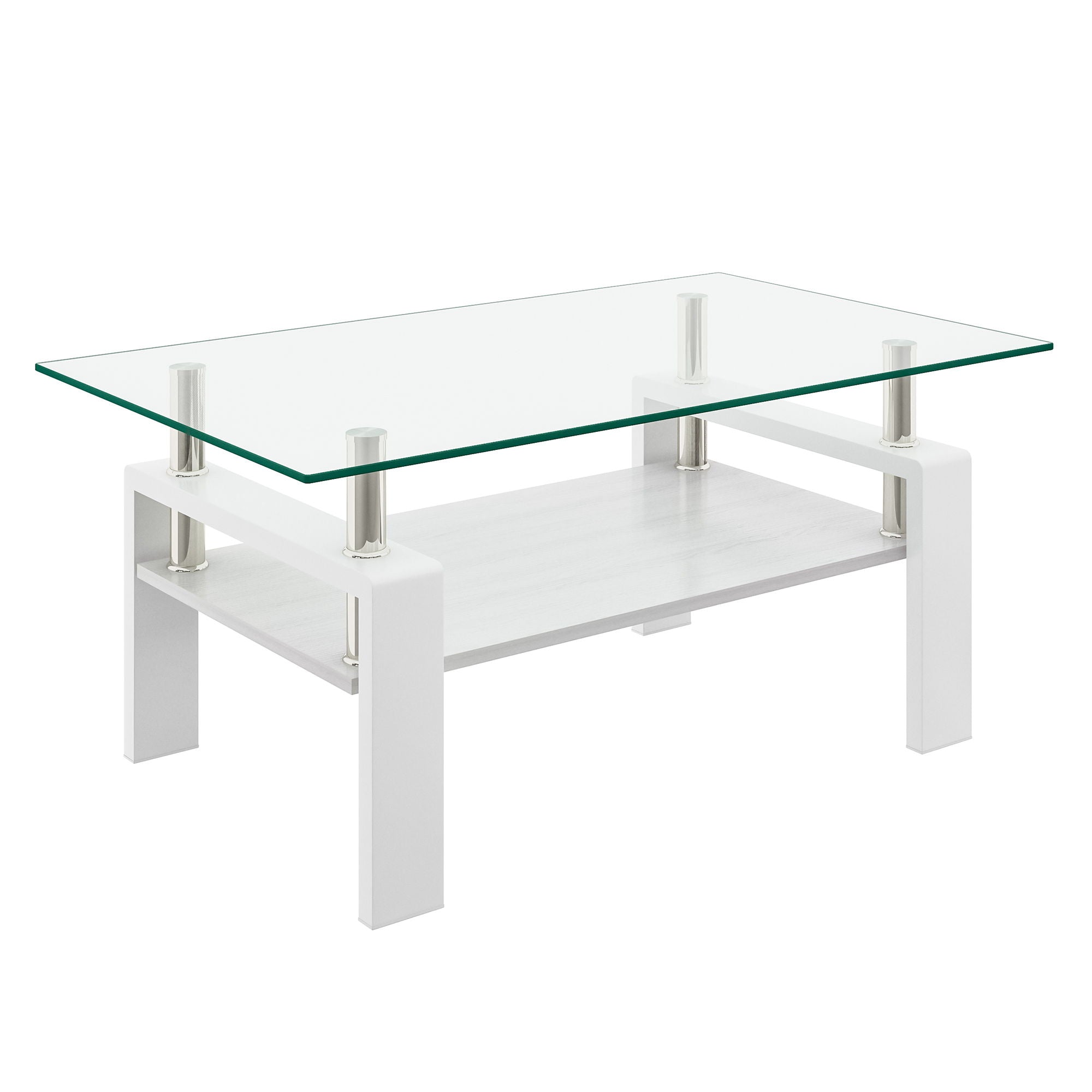 Modern Rectangular Coffee Table With Tempered Transparent Glass Top And Storage Shelf