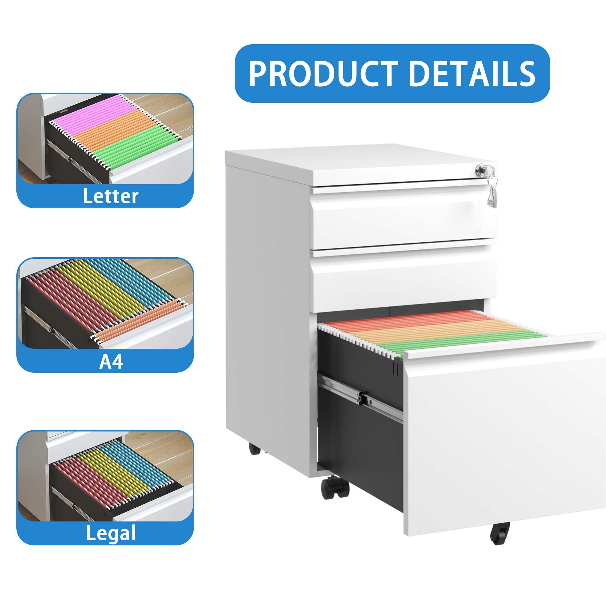 Metal Drawer Mobile File Cabinet With Lock For Home Office Organizer