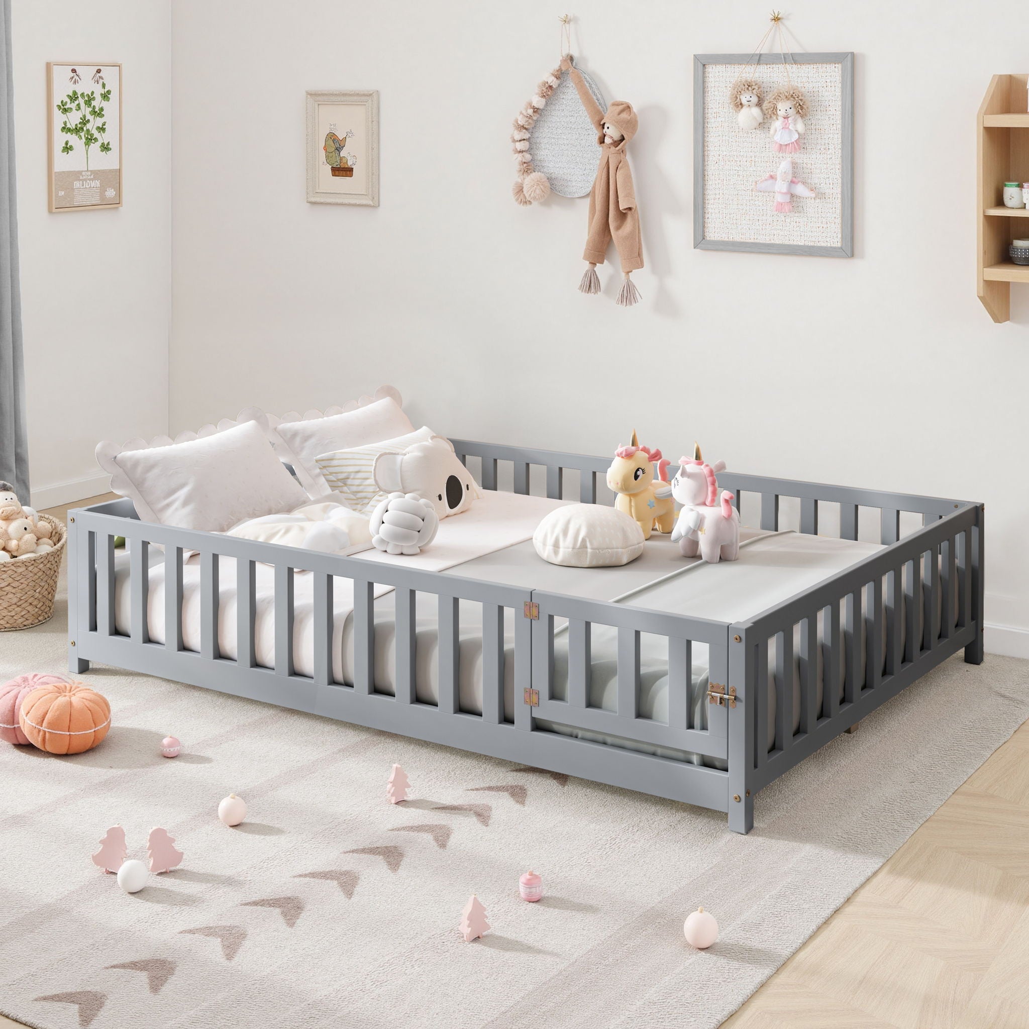 Montessori - Full Size Wooden Floor Platform Bed With Fence And Door, Montessori Floor Bed Frame With Support Slats For Toddlers - Gray