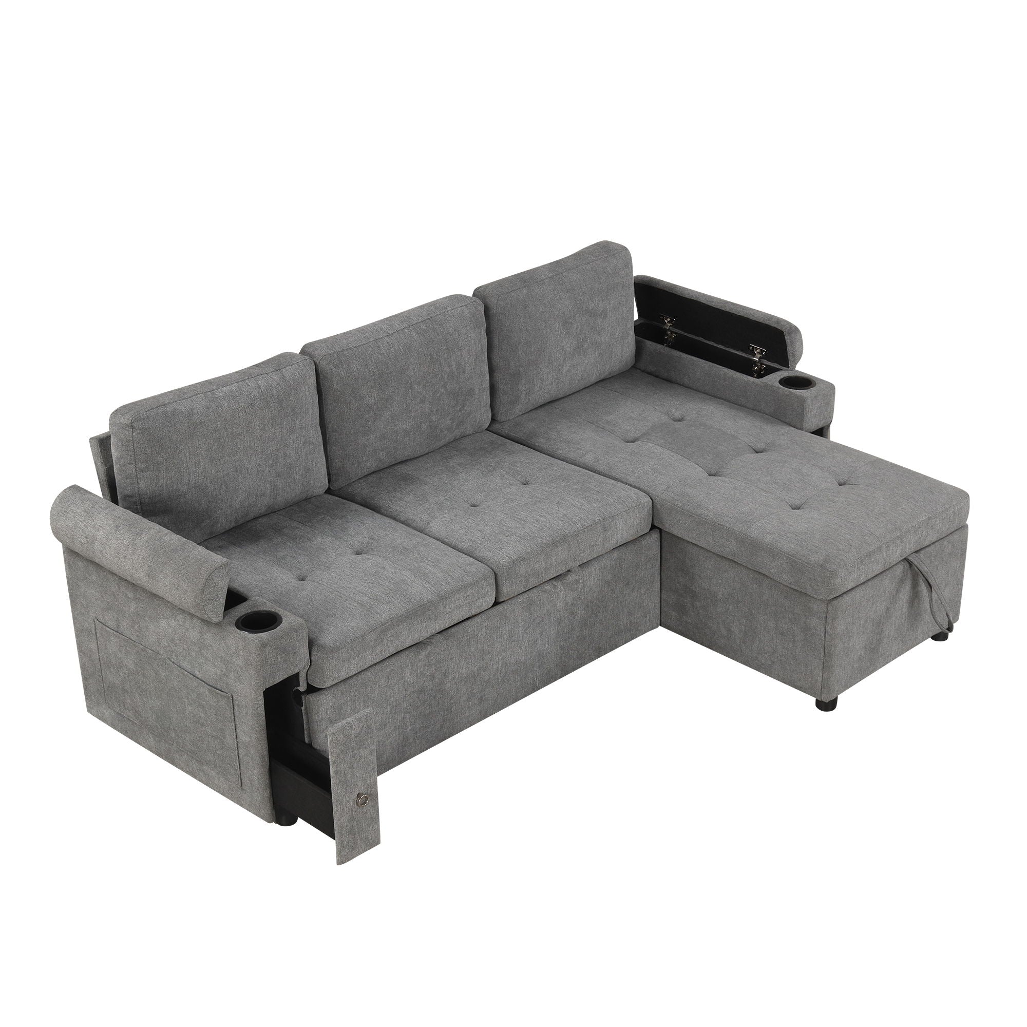 Convertible L Shaped Sofa Couch With Storage, Cup Holders, USB Ports