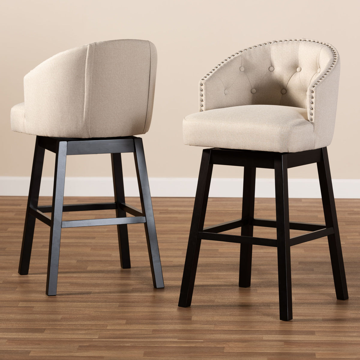 Theron Transitional Light Beige Fabric Upholstered Wood Swivel Bar Stool Set of 2