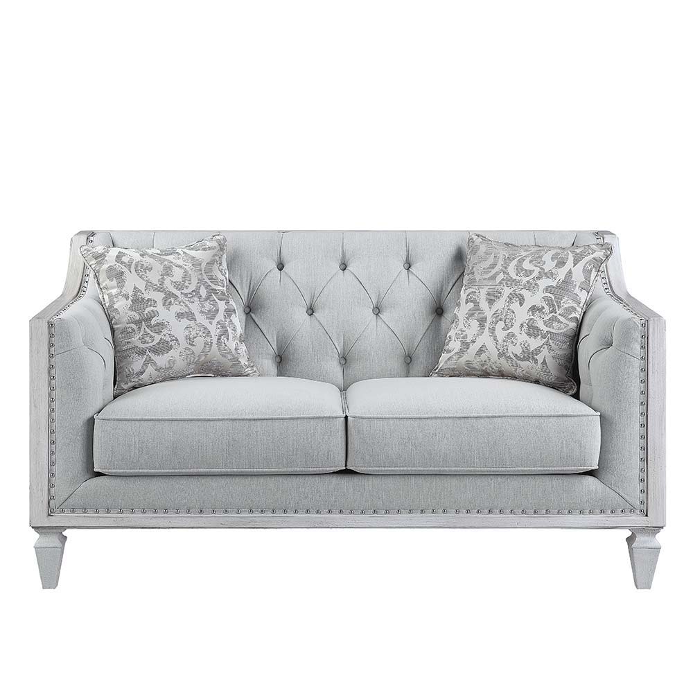 ACME Katia - Loveseat - Light Gray Linen & Weathered White Finish | Meri Furniture