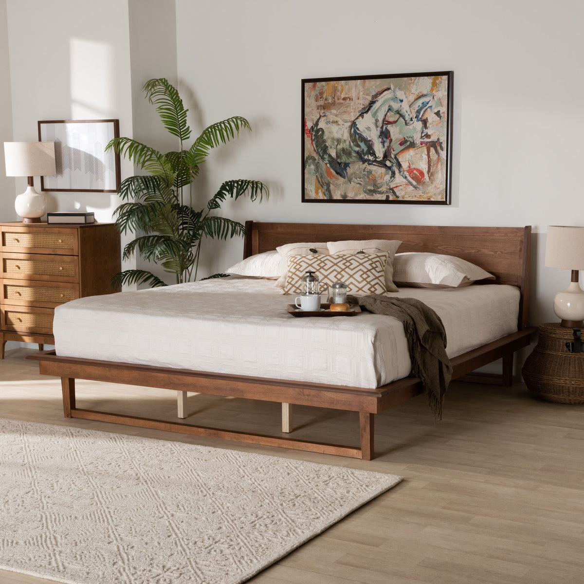 Macayle Mid-Century Modern Ash Walnut Finished Wood King Size Platform Bed