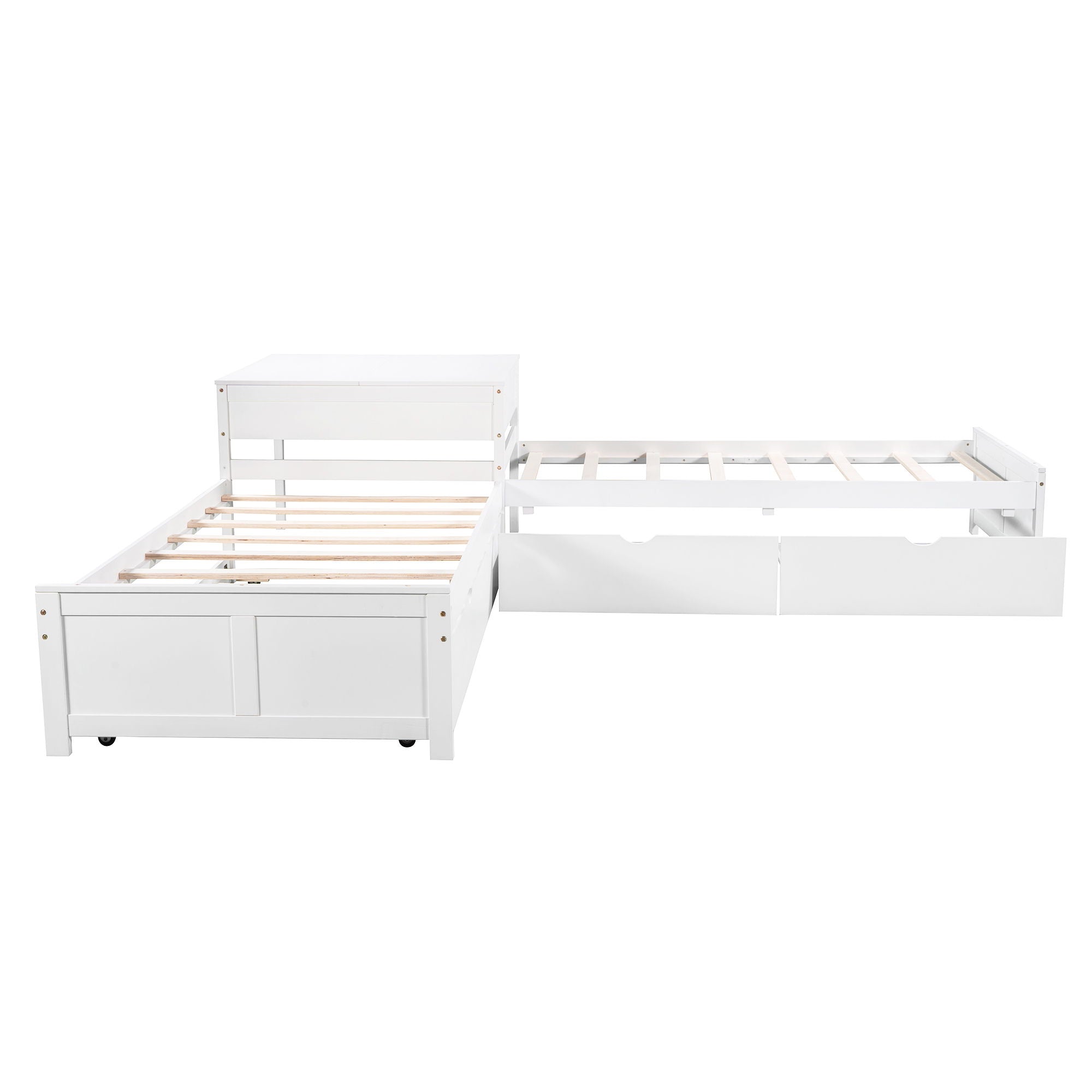 L Shaped Platform Bed With Trundle And Drawers Linked With Built In Desk