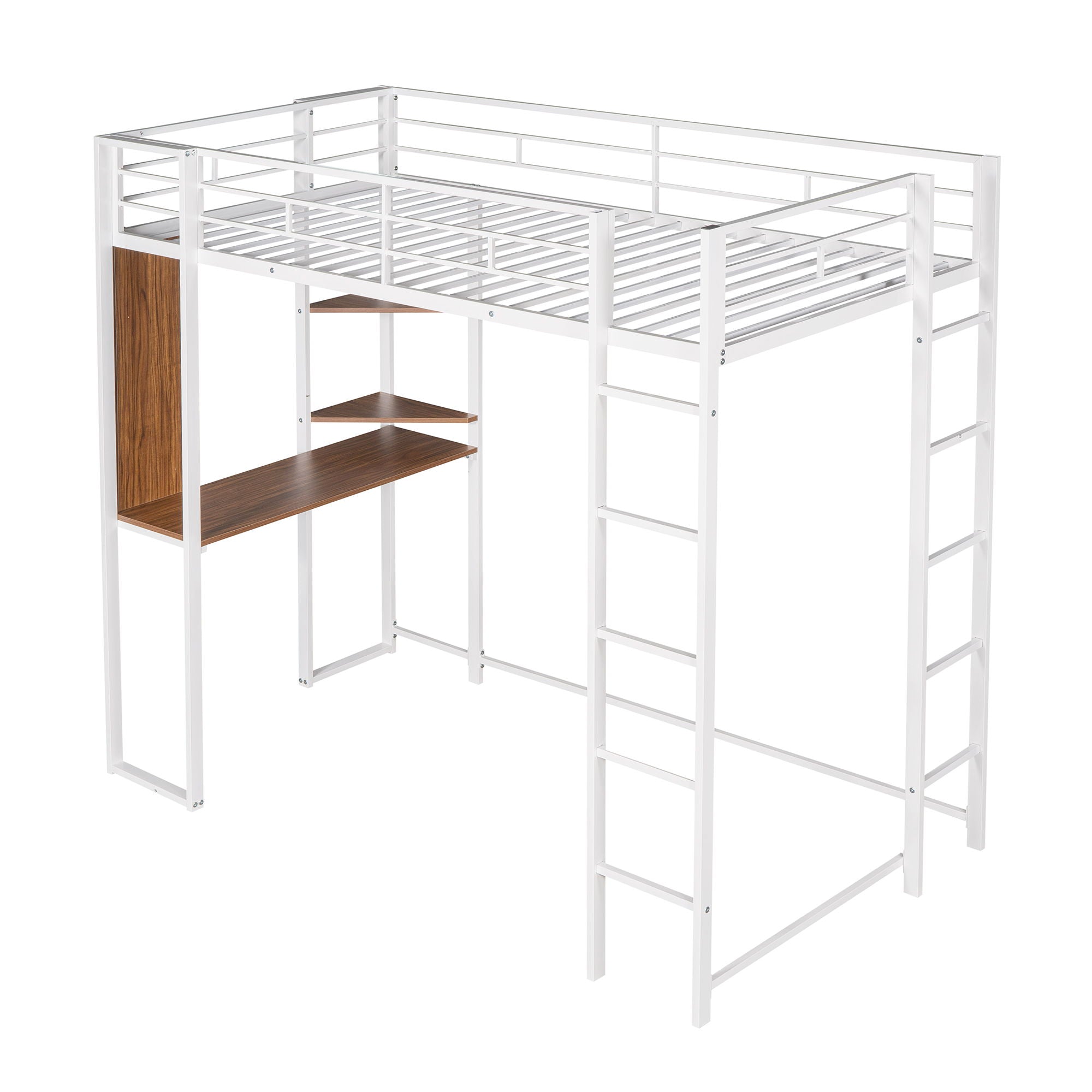 Hearth & Haven - Twin Metal Loft Bed With 2 Shelves And One Desk - White