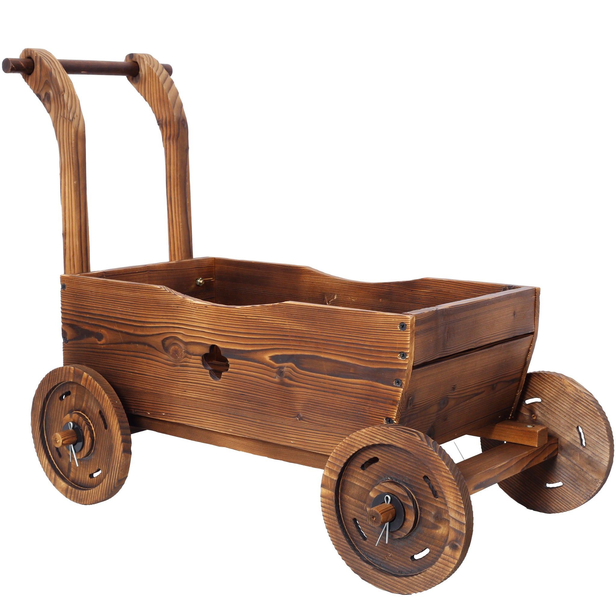 Wooden Wagon Planter Box Mobile Garden Planter With Wheels Handle Drain Hole Wood - Brown
