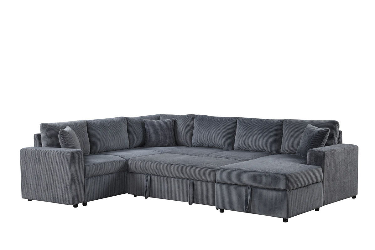 Ruxley 123"W Gray Corduroy Sleeper Sectional Sofa with Right-Facing Storage Chaise and Throw Pillows