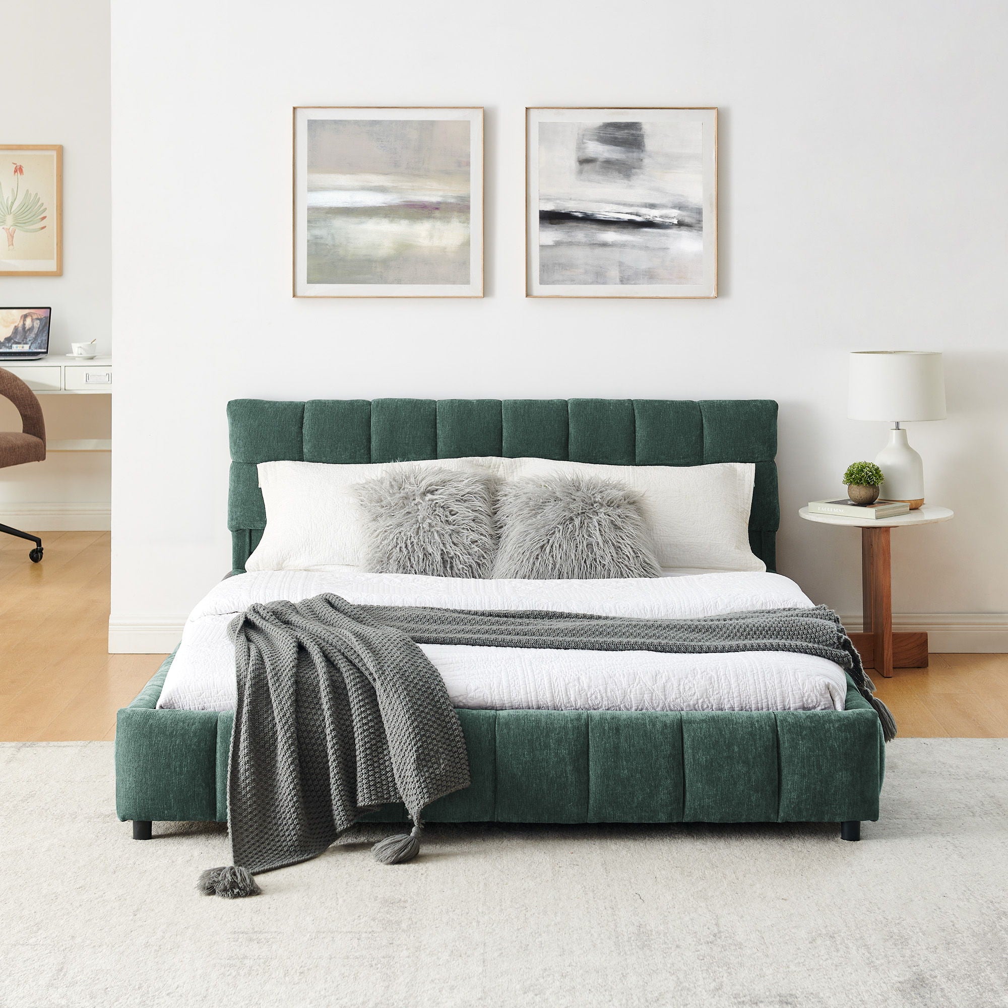 Modern Platform Bed Frame With Thick Chenille Fabric