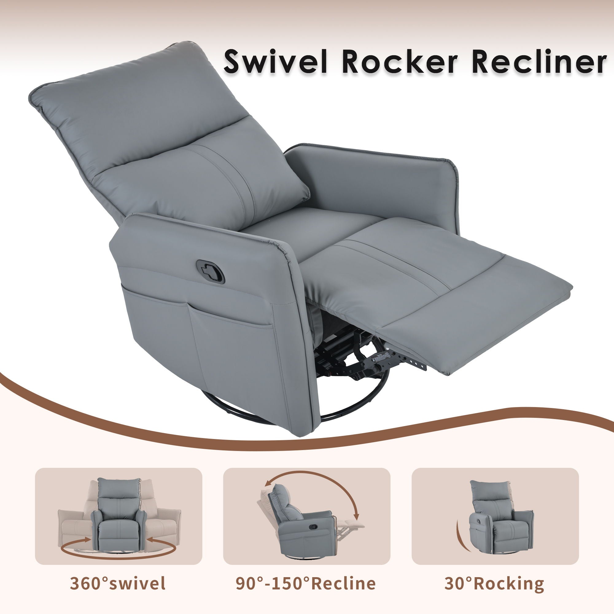 360° Modern Small Rocking Swivel Recliner Chair With Side Pocket