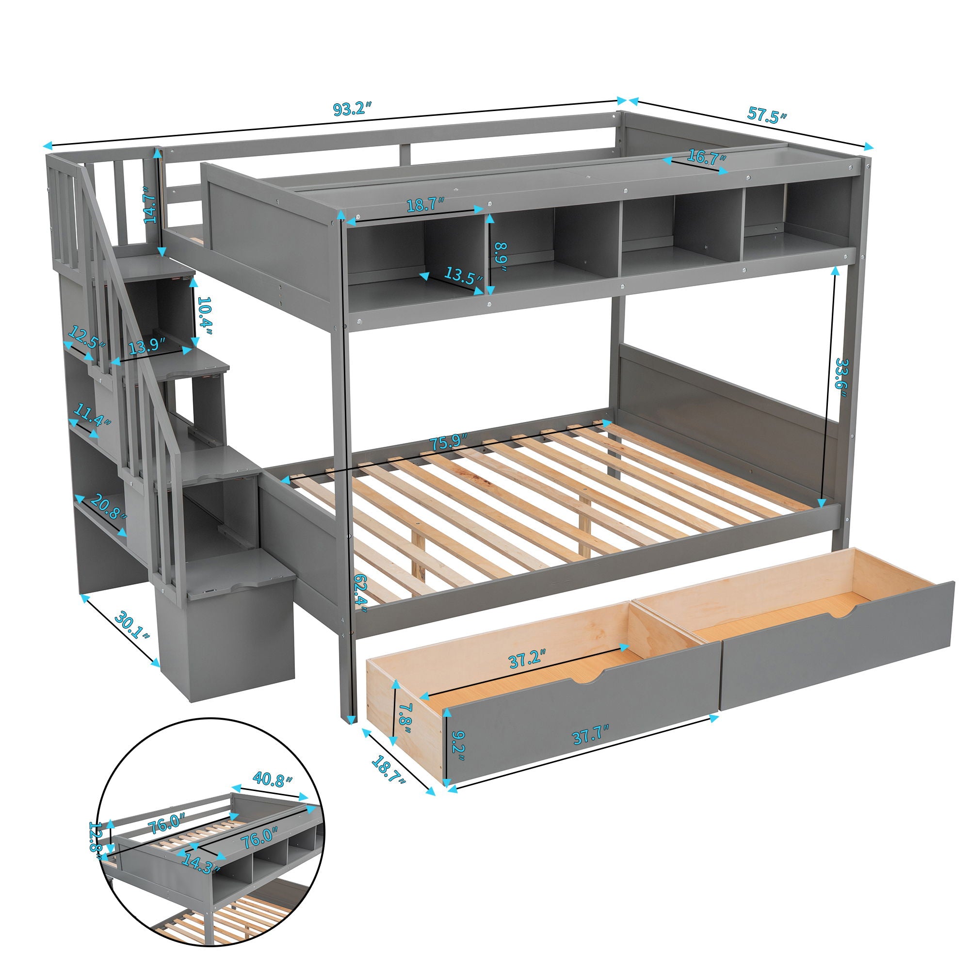Bunk Bed With Shelfs, Storage Staircase And 2 Drawers