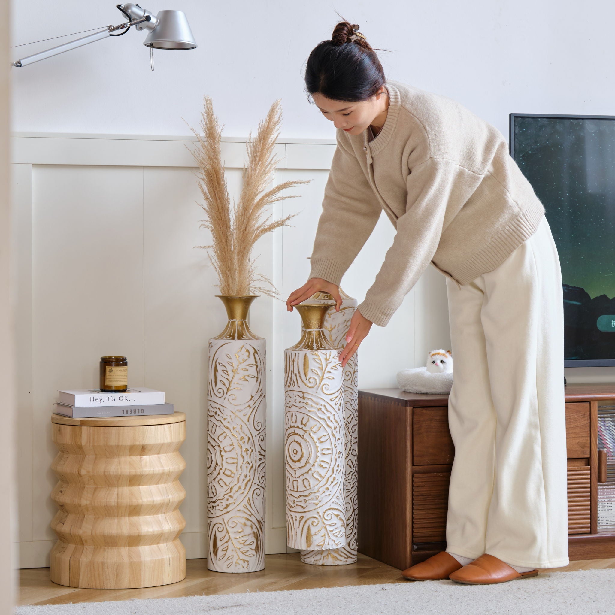 Floor Metal Vases Decorated Metal Vases (Set of 3) Gorgeous Home Decoration Large Glazed Metal Vases - White / Gold