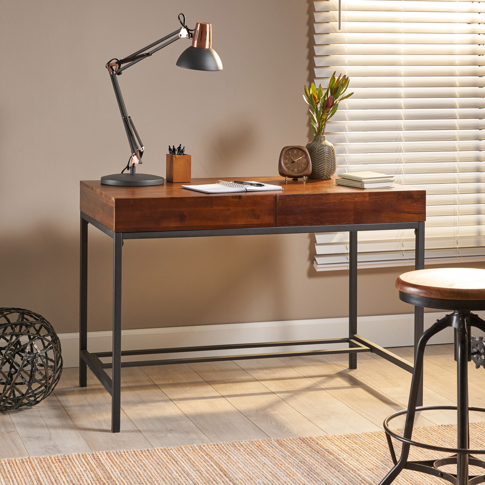 Industrial Style Storage Desk With Acacia Wood Top And Metal Legs - Oak