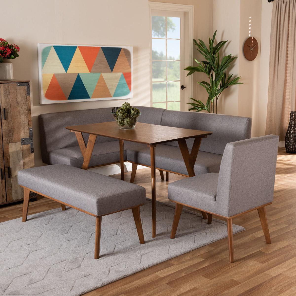 Odessa Mid-Century Modern Grey Fabric Upholstered and Walnut Brown Finished Wood 5-Piece Dining Nook Set