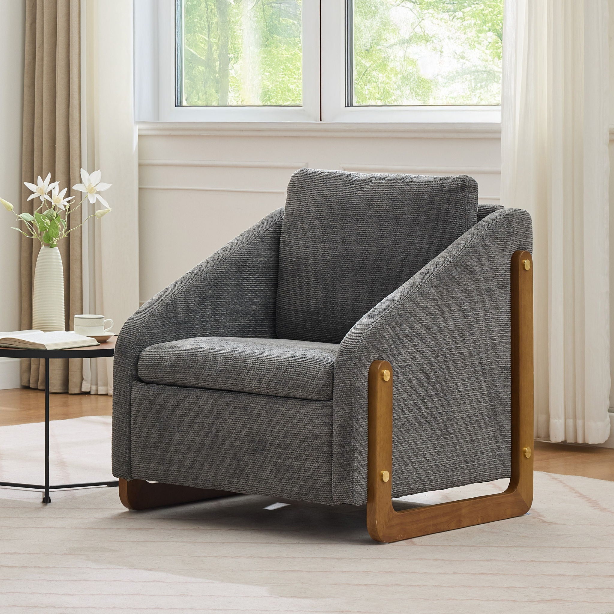 Modern Chenille Upholstered Armchair With Wooden Side Frame