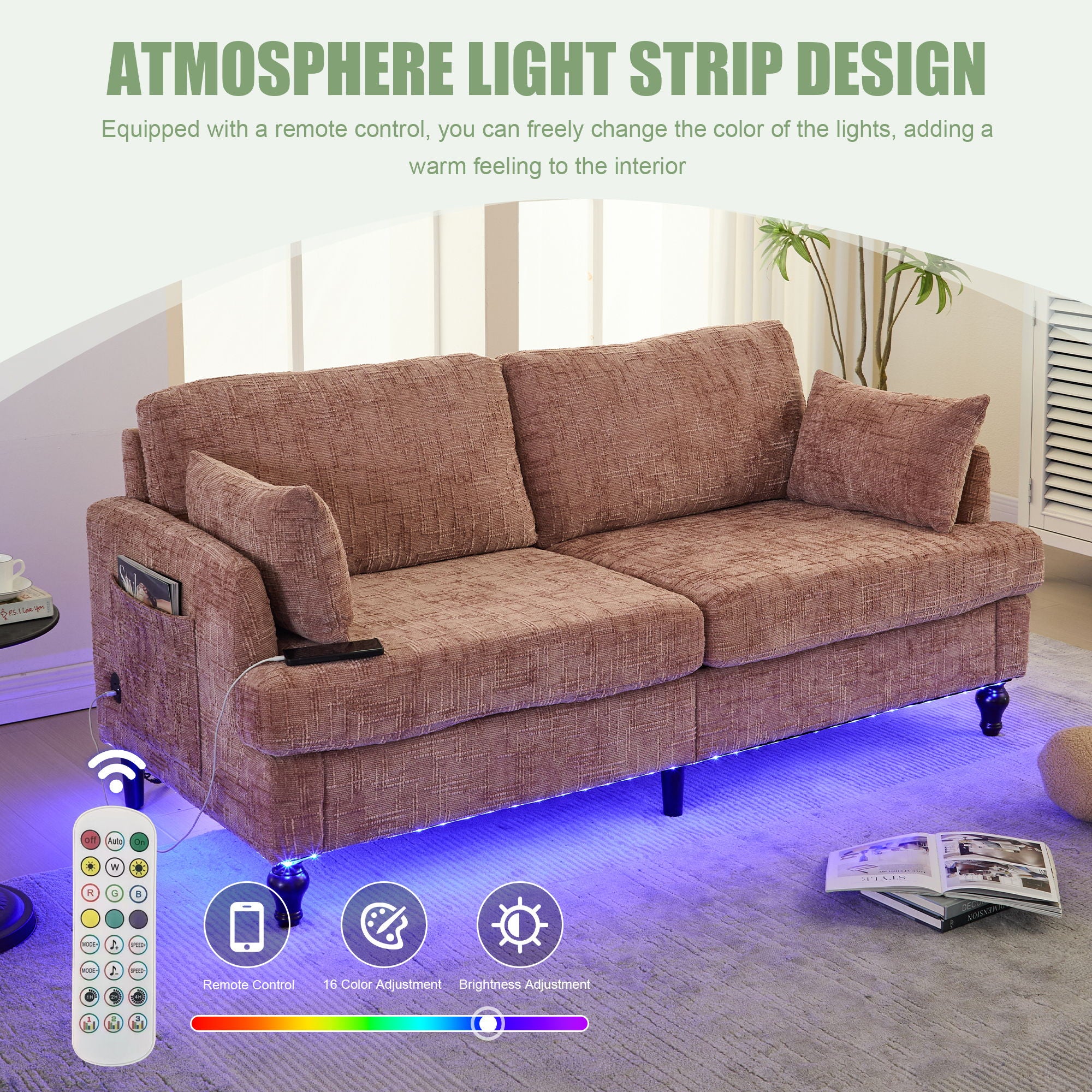 Chenille 2 Seater Sofa With LED Light, USB Charging Port, And Storage Bag